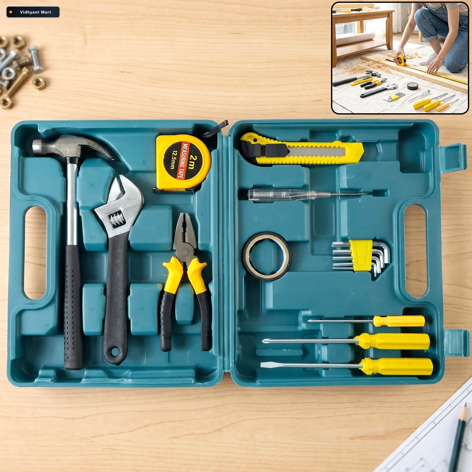 Vidhyant Mart 16 Piece Hand Tool Kit With Carry Case For Garage 1