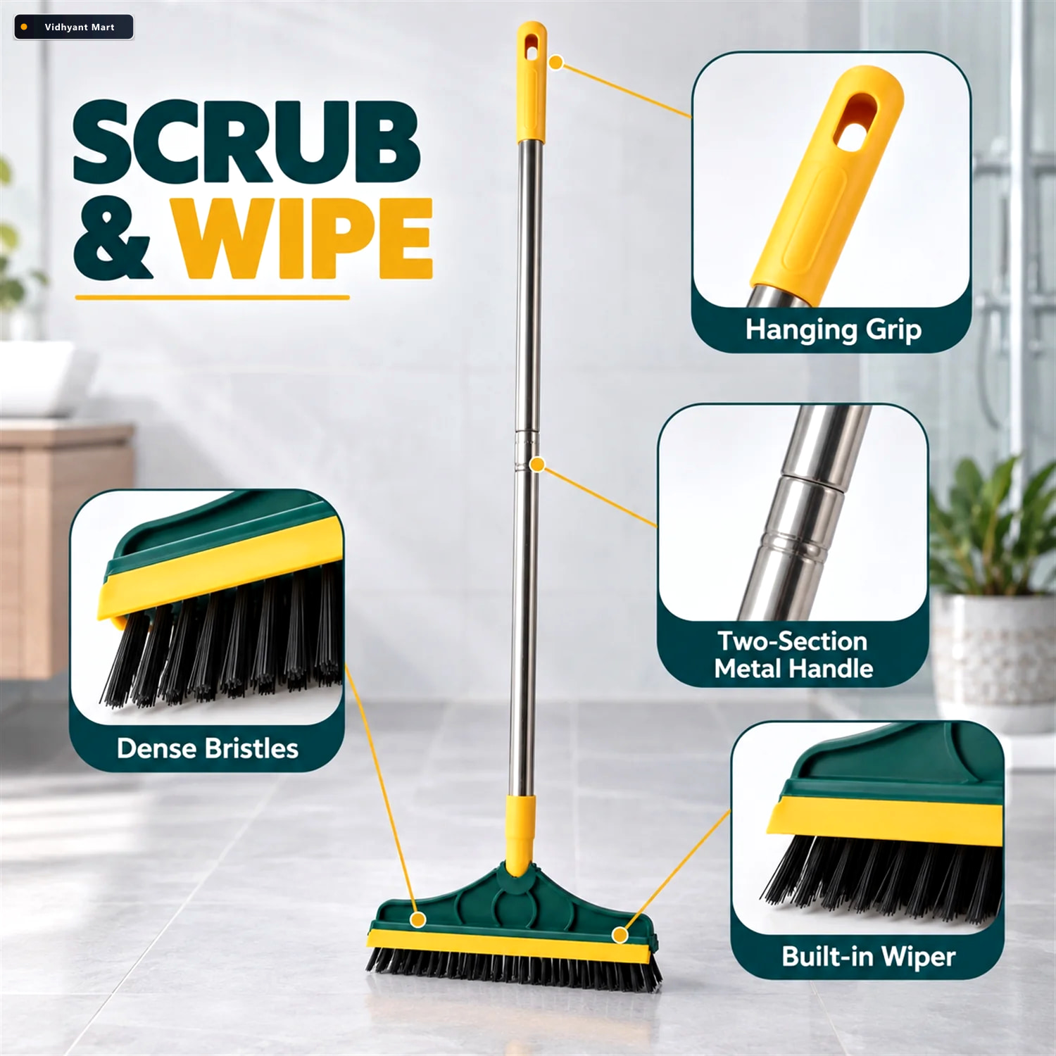 Vidhyant Mart 2 In 1 Floor Cleaning Brush With Wiper And Long Ha 3