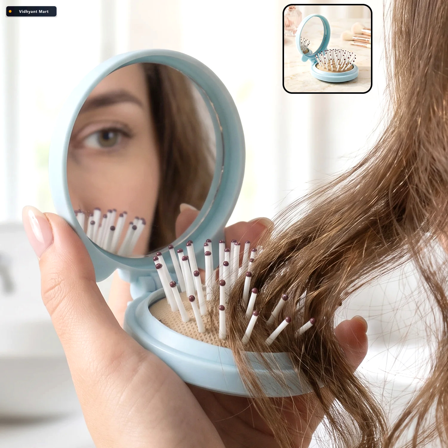 Vidhyant Mart 2 In 1 Folding Hair Brush With Mirror Compact Pop 1