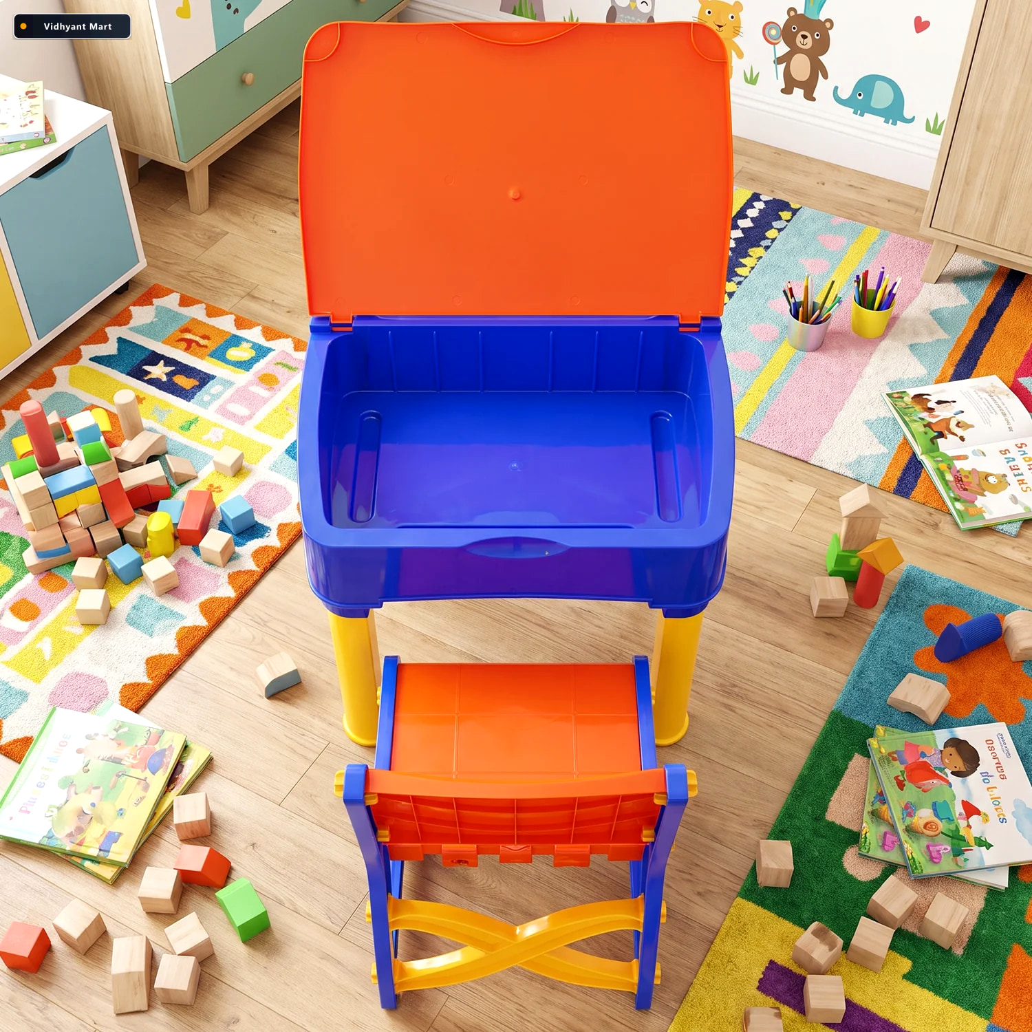 Vidhyant Mart 2 In 1 Plastic Kids Study Table And Chair Set With 2