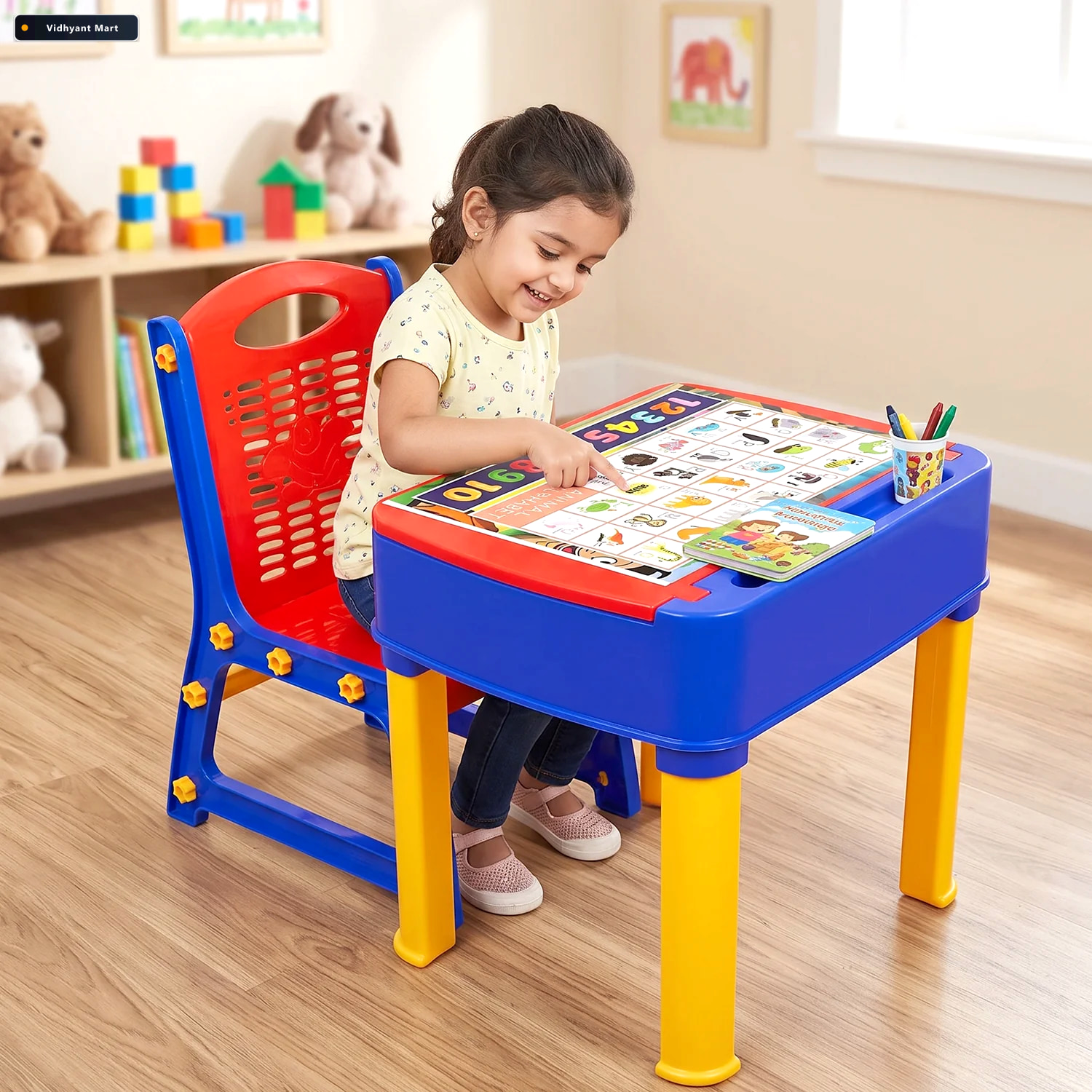 Vidhyant Mart 2 In 1 Plastic Kids Study Table And Chair Set With 3