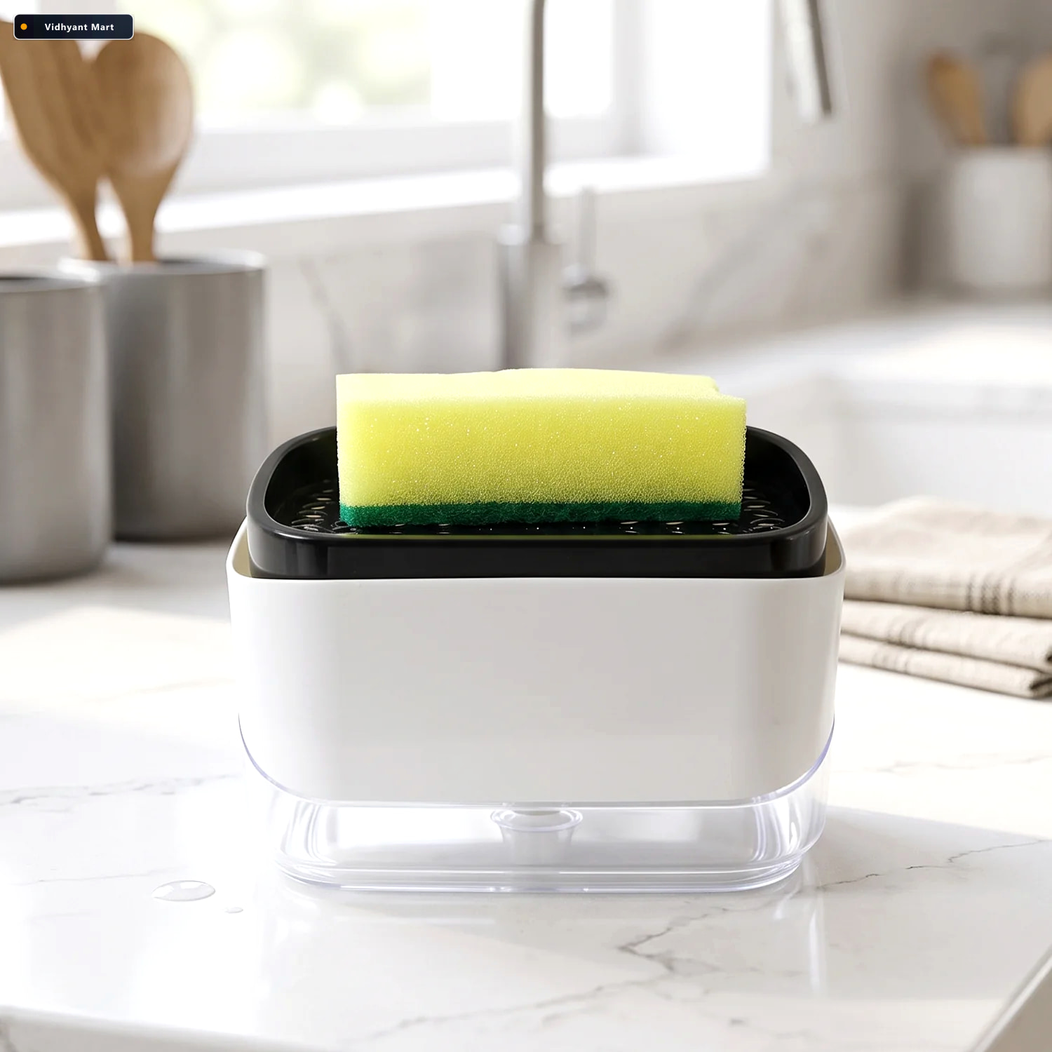 Vidhyant Mart 2 In 1 Press Soap Pump Dispenser With Sponge Holde 2