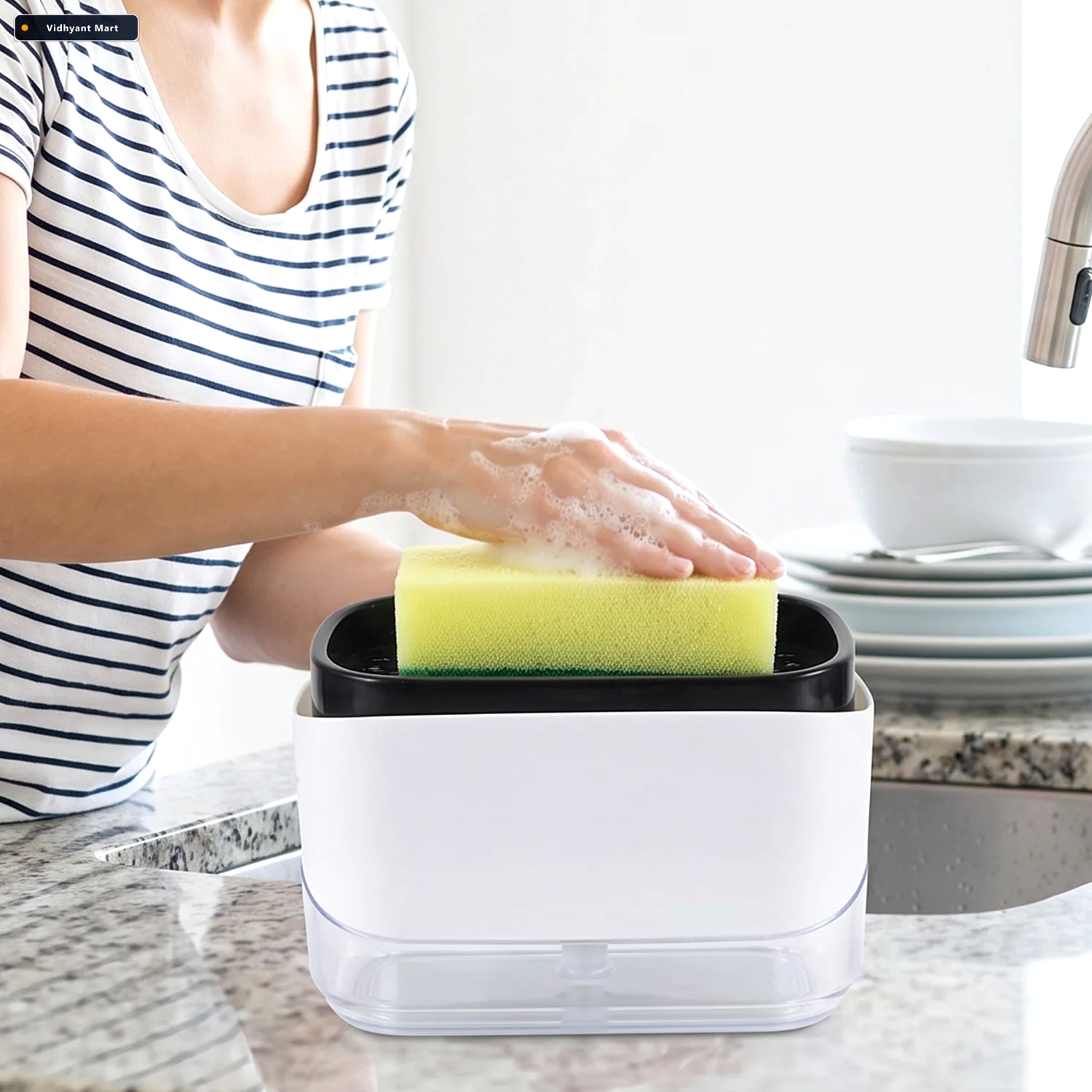 Vidhyant Mart 2 In 1 Press Soap Pump Dispenser With Sponge Holde 3