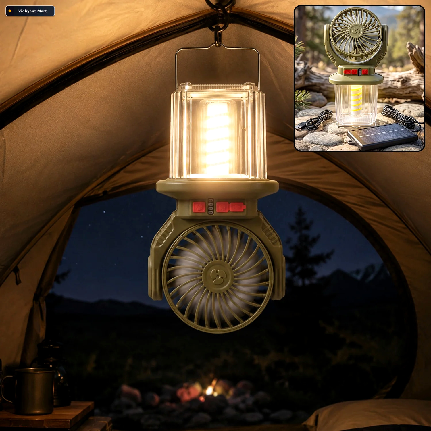 Vidhyant Mart 2 In 1 Solar Rechargeable Camping Fan With Led Lan 1