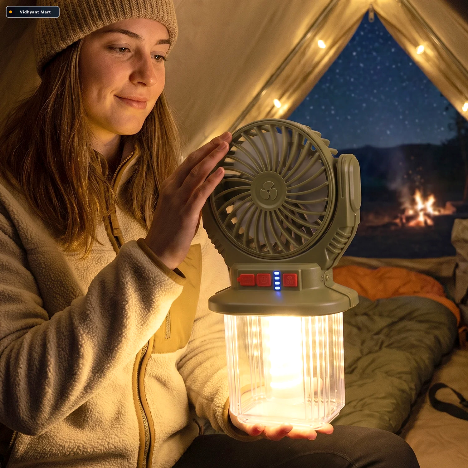 Vidhyant Mart 2 In 1 Solar Rechargeable Camping Fan With Led Lan 2