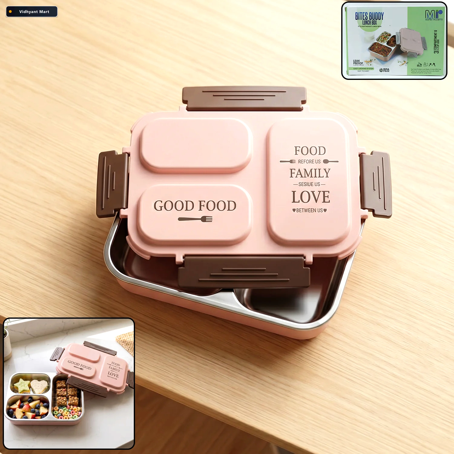 Vidhyant Mart 3 Compartment Stainless Steel Lunch Box Leak Proof 1