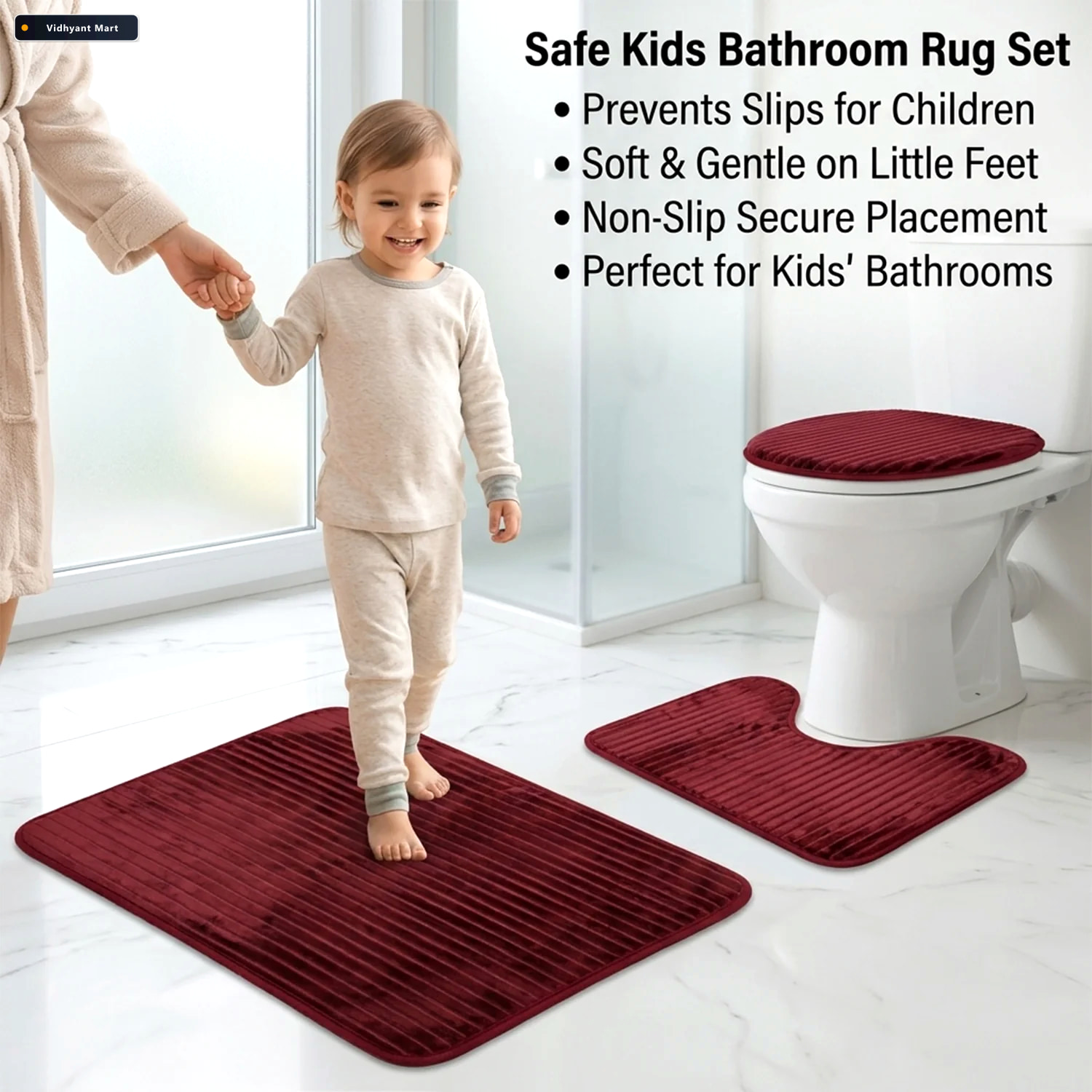 Vidhyant Mart 3 In 1 Anti Slip Bathroom Mat Set With Contour Mat 2