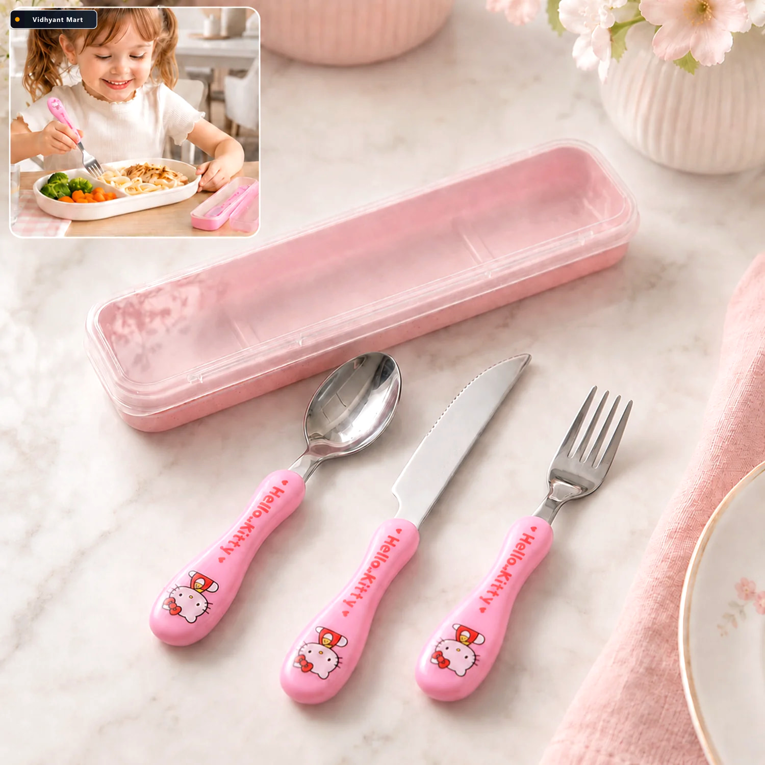 Vidhyant Mart 3 In 1 Kids Cutlery Set With Case Spoon Fork Knife 1