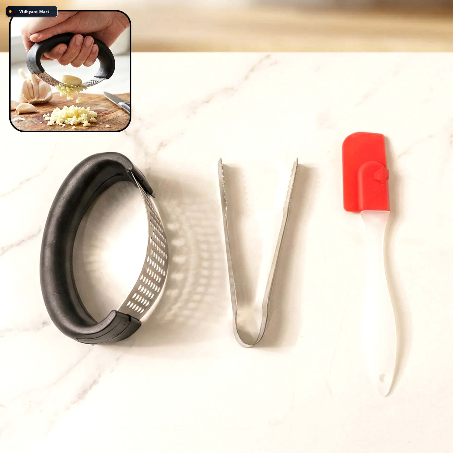 Vidhyant Mart 3 In 1 Kitchen Tool Set Garlic Crusher Tongs Silic 1
