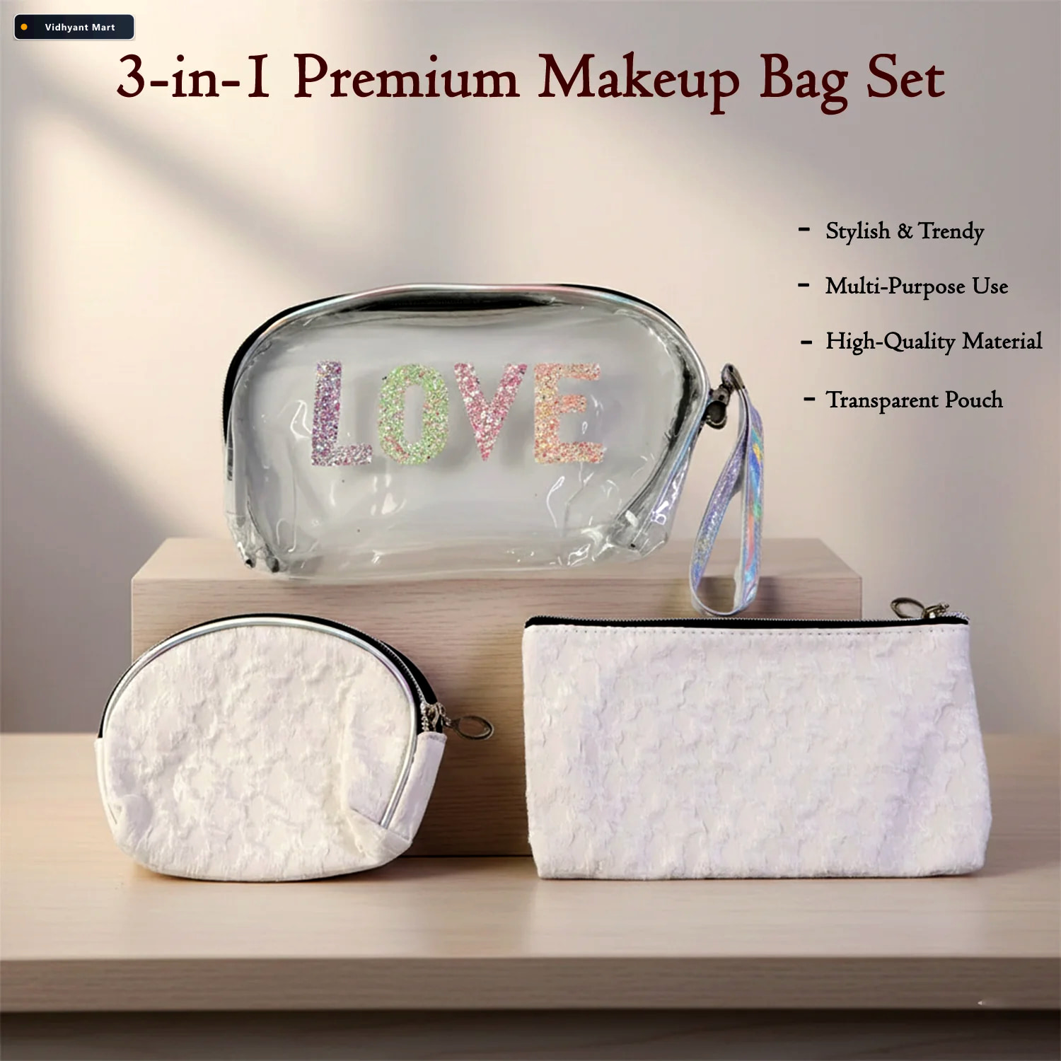 Vidhyant Mart 3 In 1 Makeup Bag Set Compact Stylish Travel Organ 3