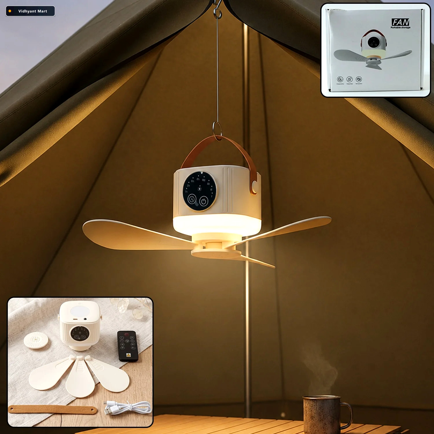Vidhyant Mart 3 In 1 Rechargeable Camping Fan With Led Light Tim 1
