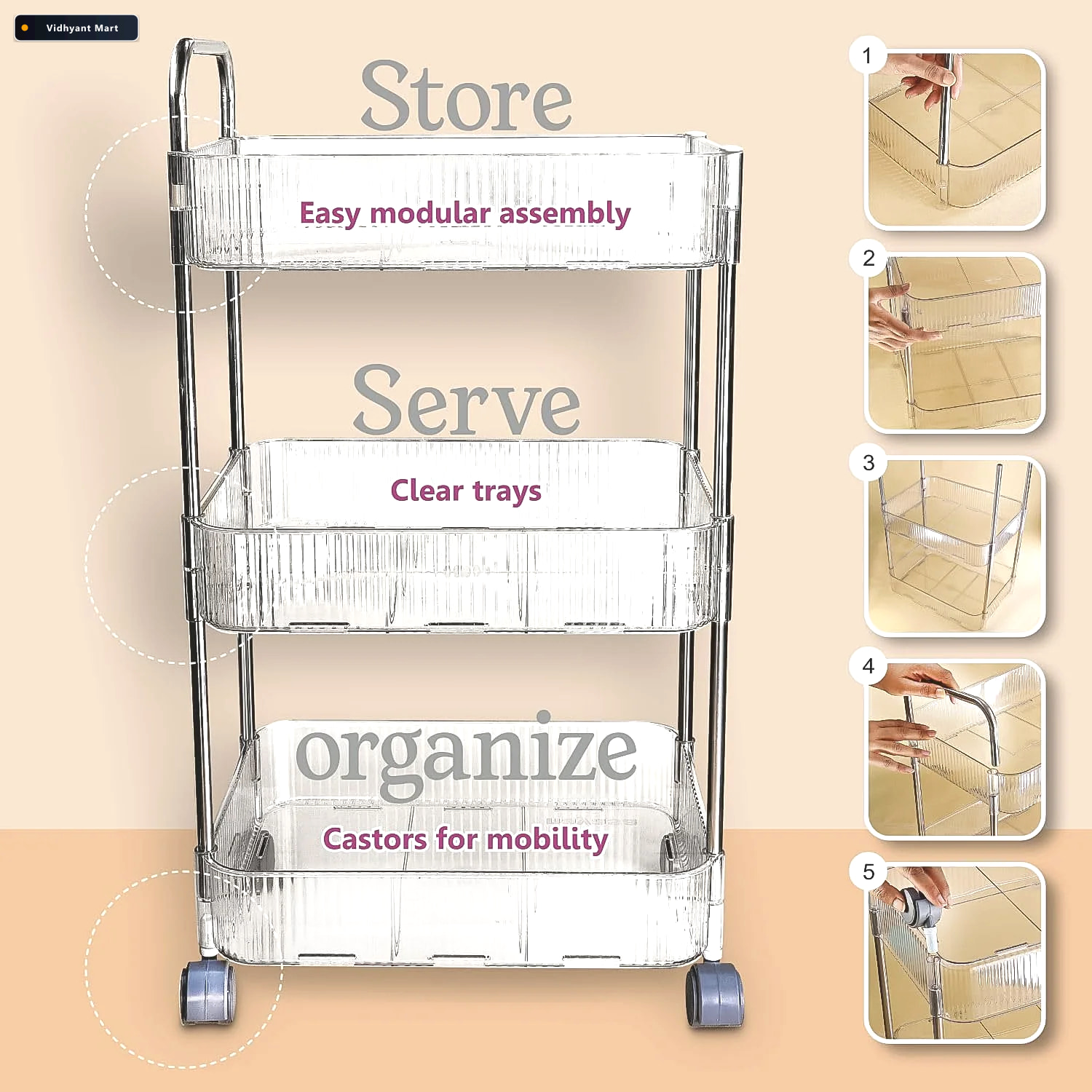 Vidhyant Mart 3 Layer Storage Trolley With Wheels Durable Versat 3
