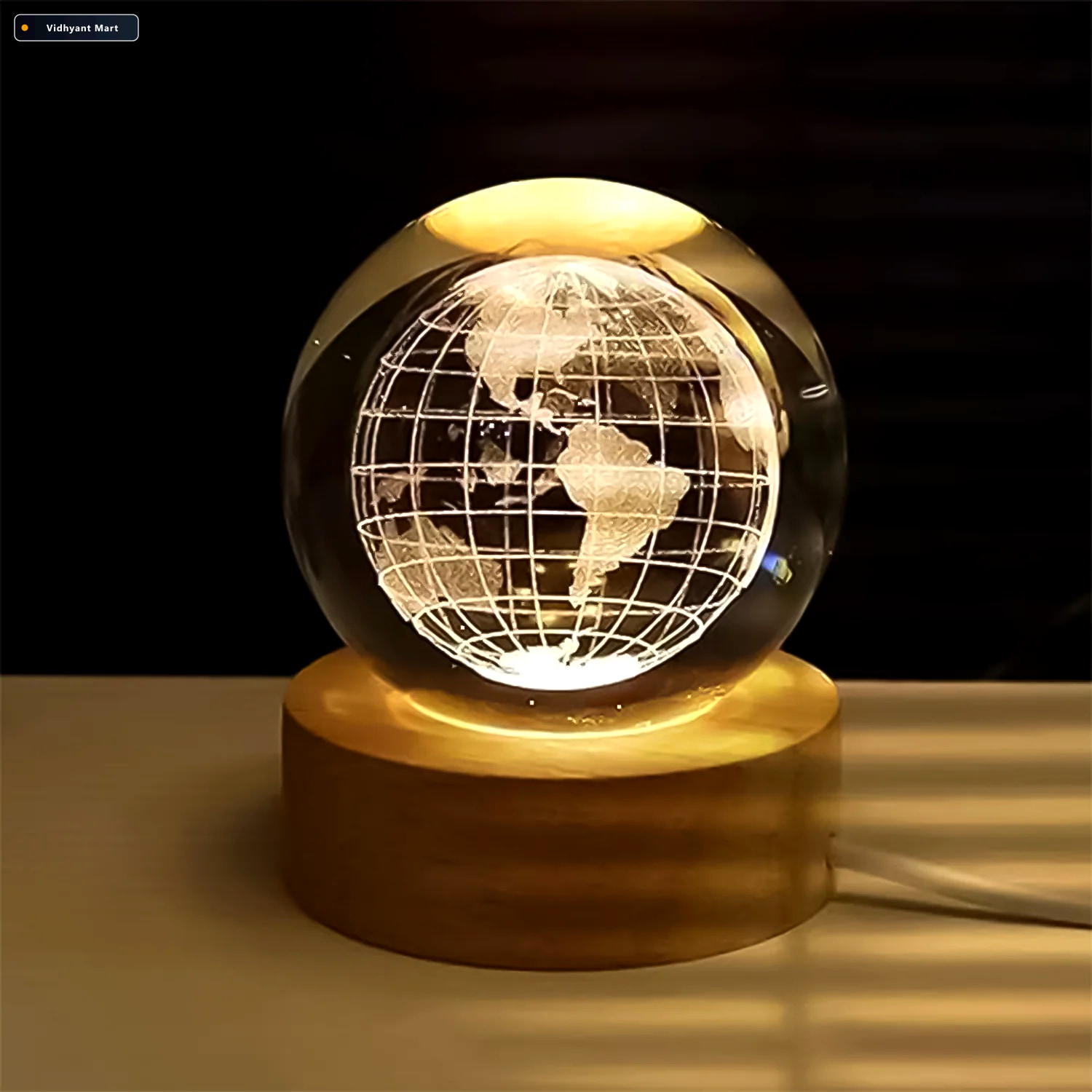 Vidhyant Mart 3d Crystal Ball Lamp World Globe Design Wooden Bas 1