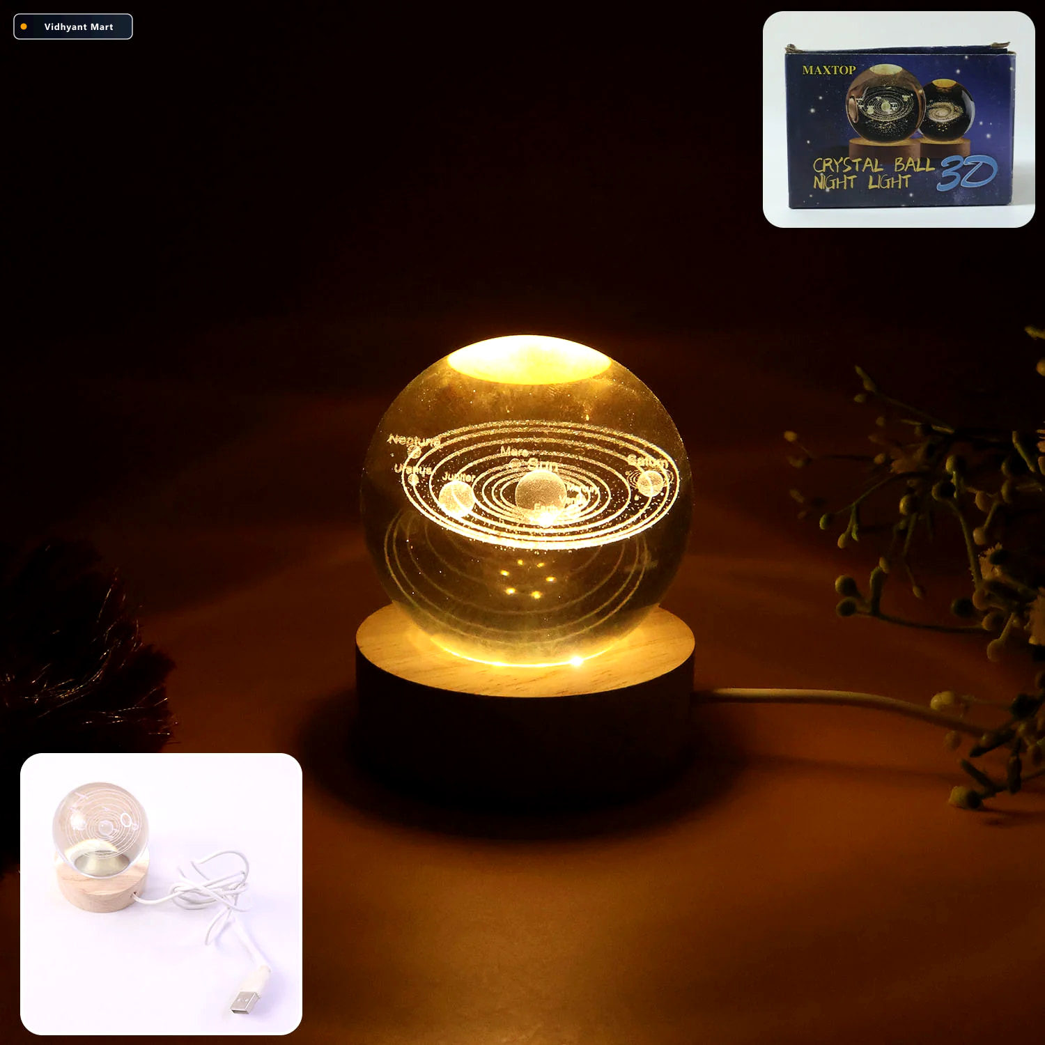 Vidhyant Mart 3d Crystal Ball Night Lamp Elegant Usb Led Light W 1