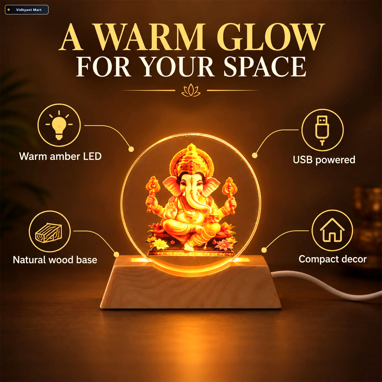 Vidhyant Mart 3d Ganesha Acrylic Led Lamp With Warm Golden Glow 2