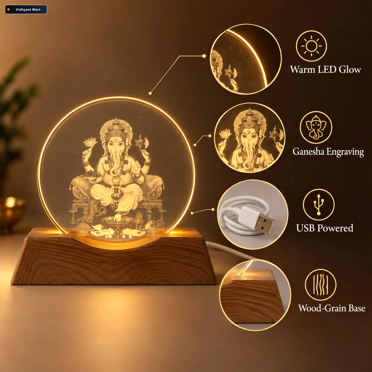 Vidhyant Mart 3d Ganesha Led Lamp With Wooden Base For Home And 2