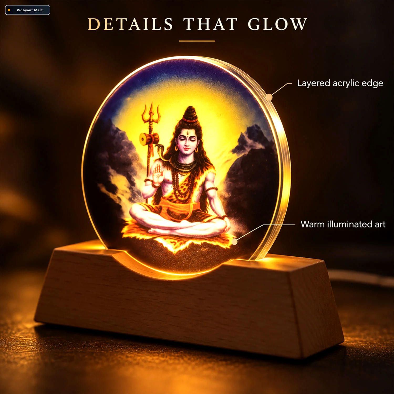 Vidhyant Mart 3d Mahadev Led Lamp With Wooden Base For Home Deco 2
