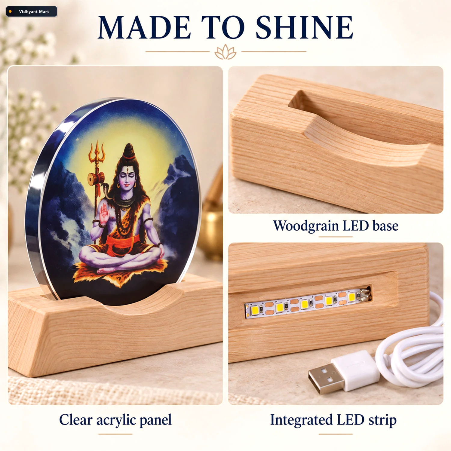 Vidhyant Mart 3d Mahadev Led Lamp With Wooden Base For Home Deco 3