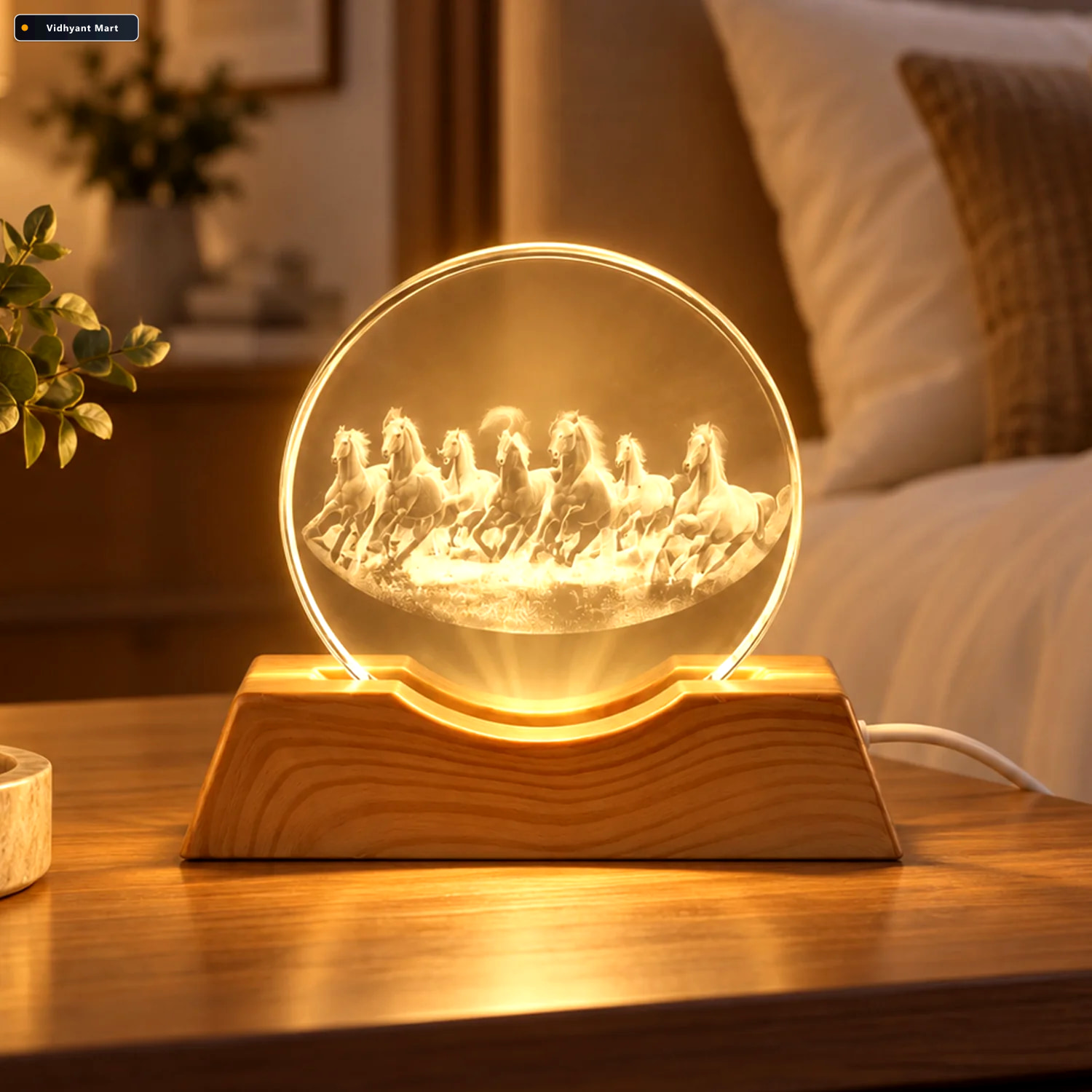 Vidhyant Mart 3d Running Horses Crystal Led Table Lamp With Wood 1
