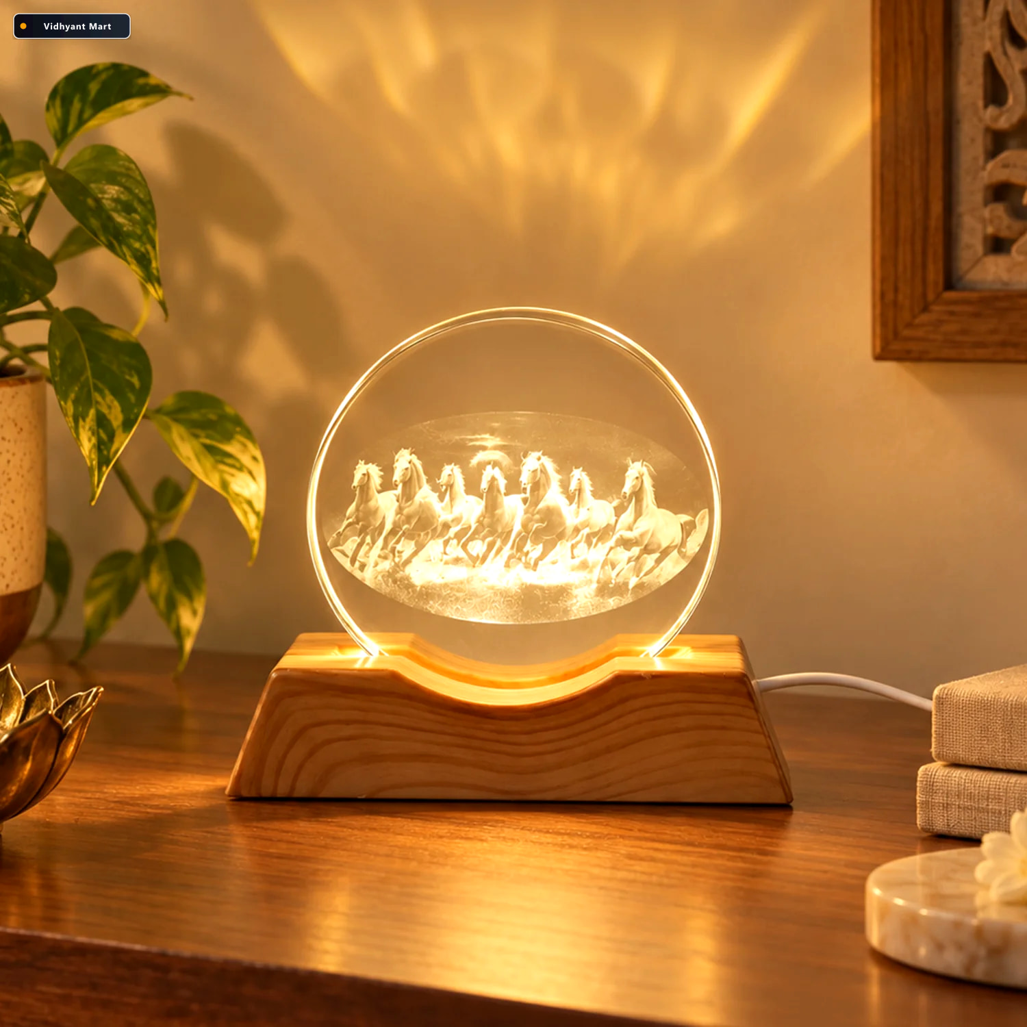 Vidhyant Mart 3d Running Horses Crystal Led Table Lamp With Wood 2