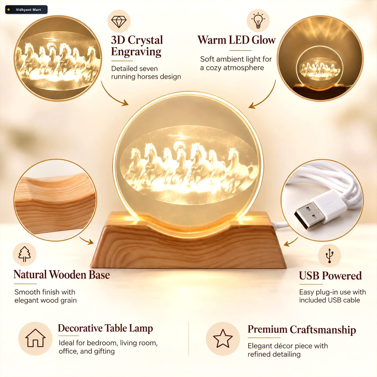 Vidhyant Mart 3d Running Horses Crystal Led Table Lamp With Wood 3