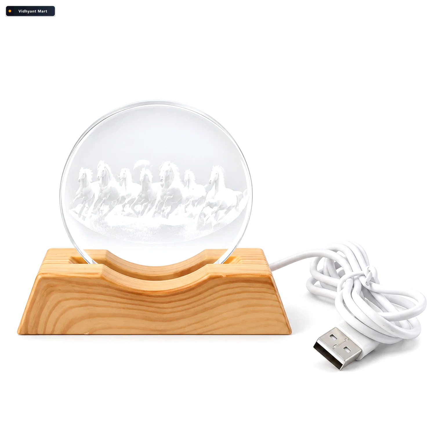 Vidhyant Mart 3d Running Horses Crystal Led Table Lamp With Wood 4