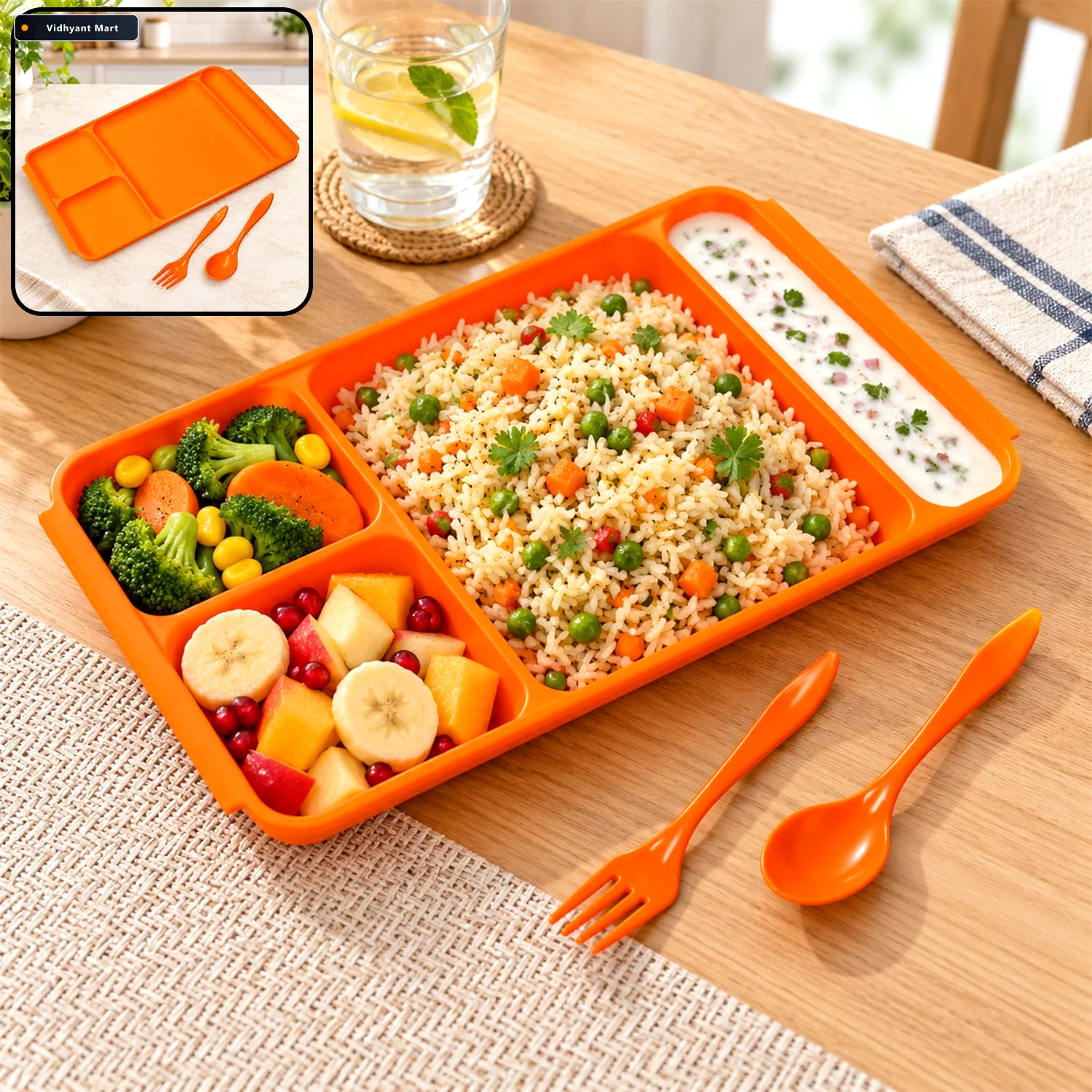 Vidhyant Mart 4 Compartment Plate Plastic Dinner Set With Spoon 1