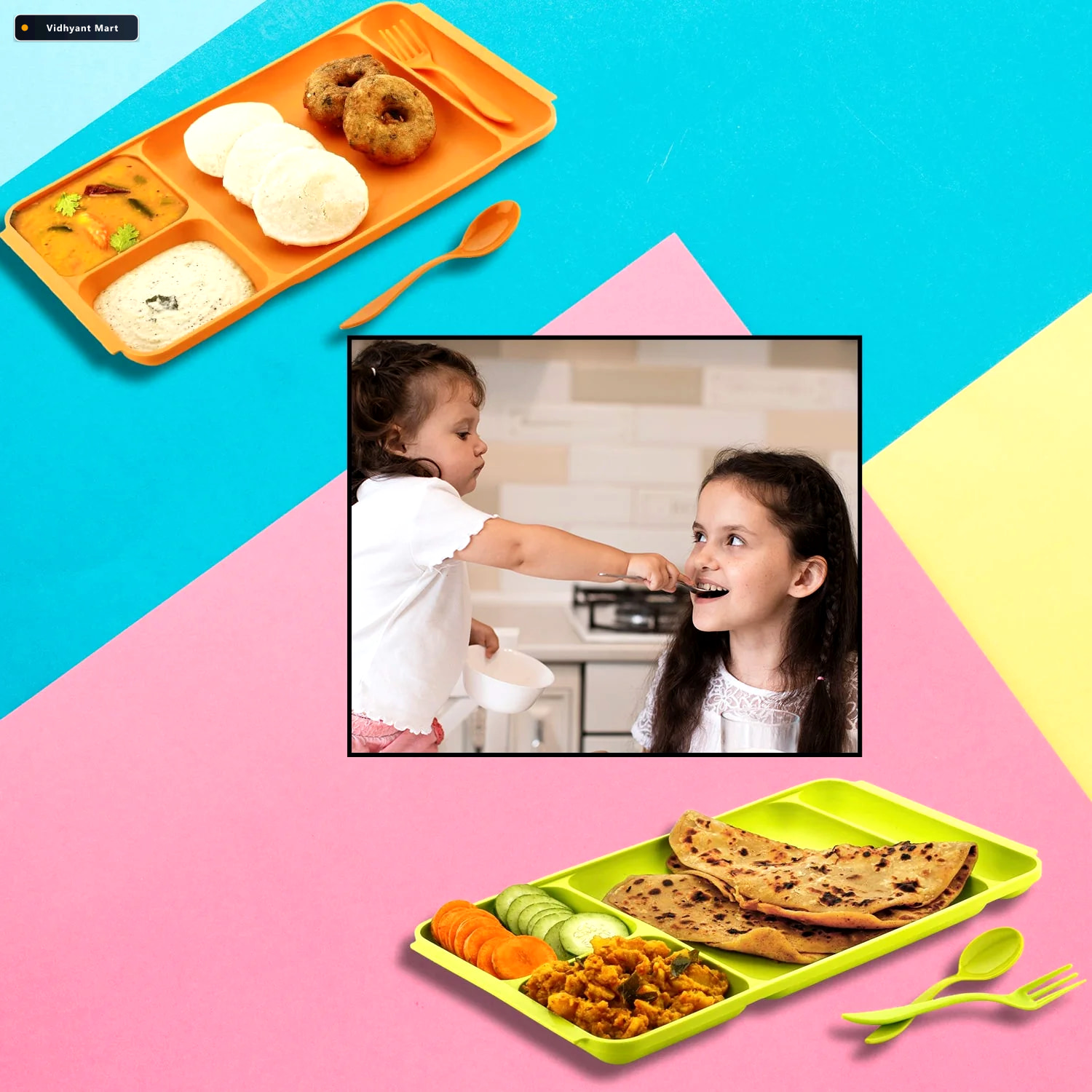 Vidhyant Mart 4 Compartment Plate Plastic Dinner Set With Spoon 2