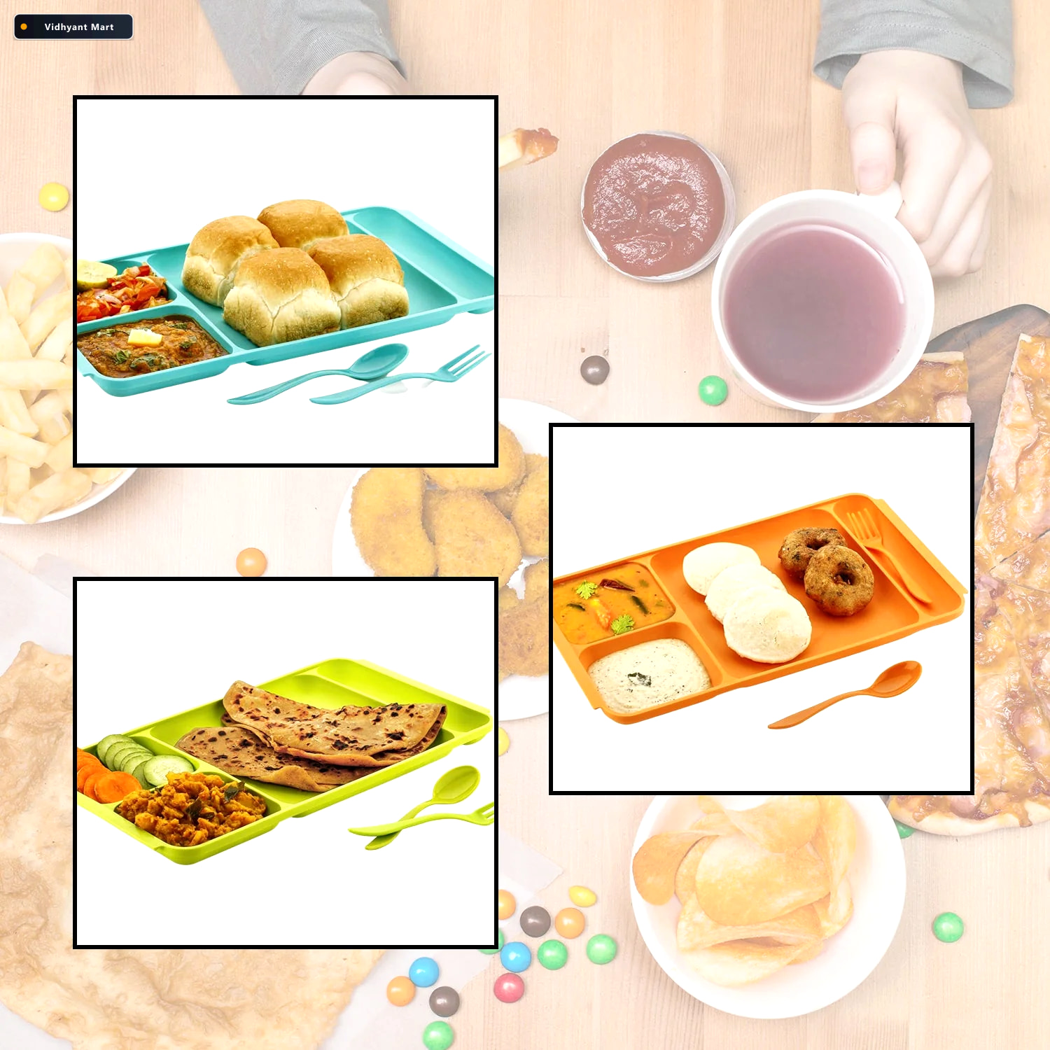 Vidhyant Mart 4 Compartment Plate Plastic Dinner Set With Spoon 3