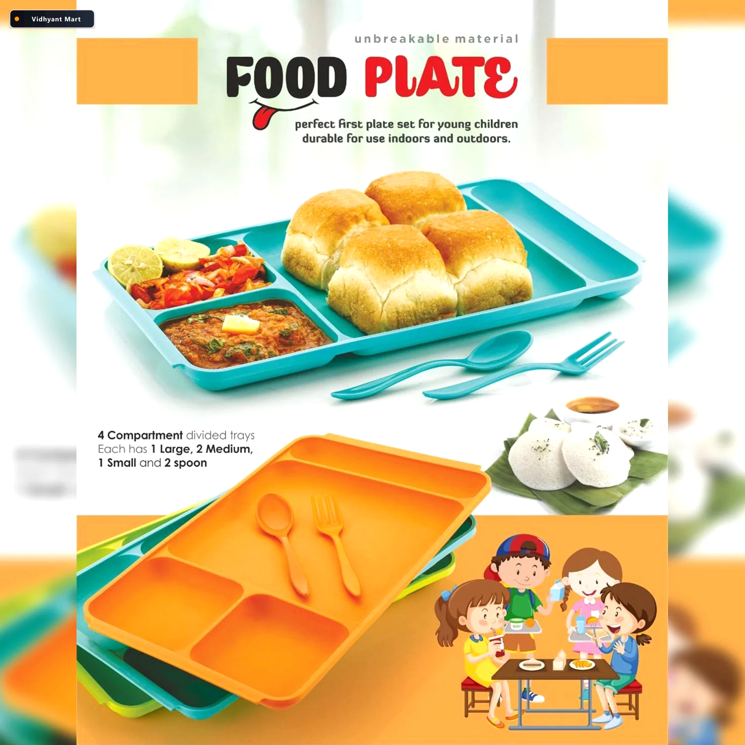 Vidhyant Mart 4 Compartment Plate Plastic Dinner Set With Spoon 4