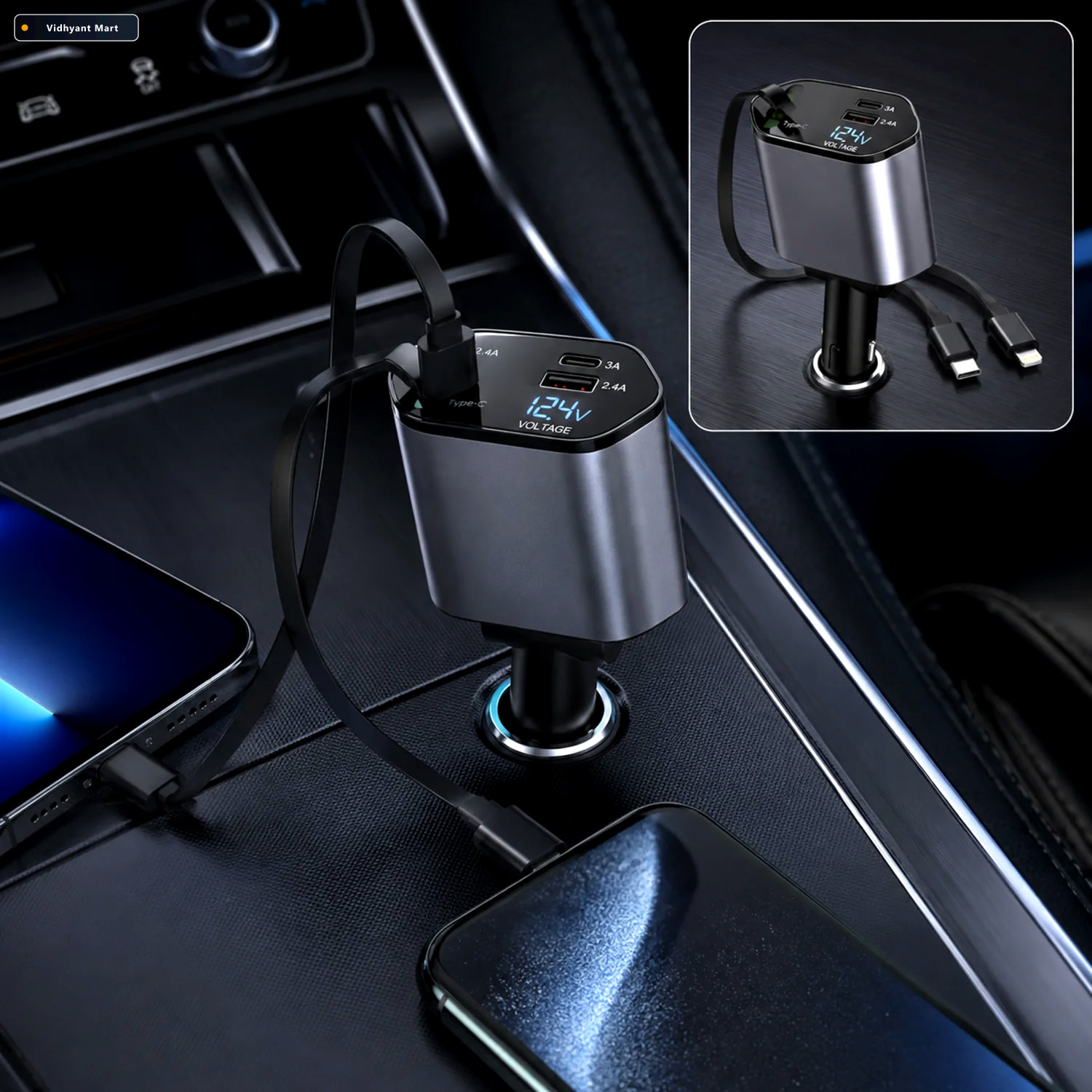 Vidhyant Mart 4 In 1 Car Charger Dual Cables 120w Super Fast Pow 1