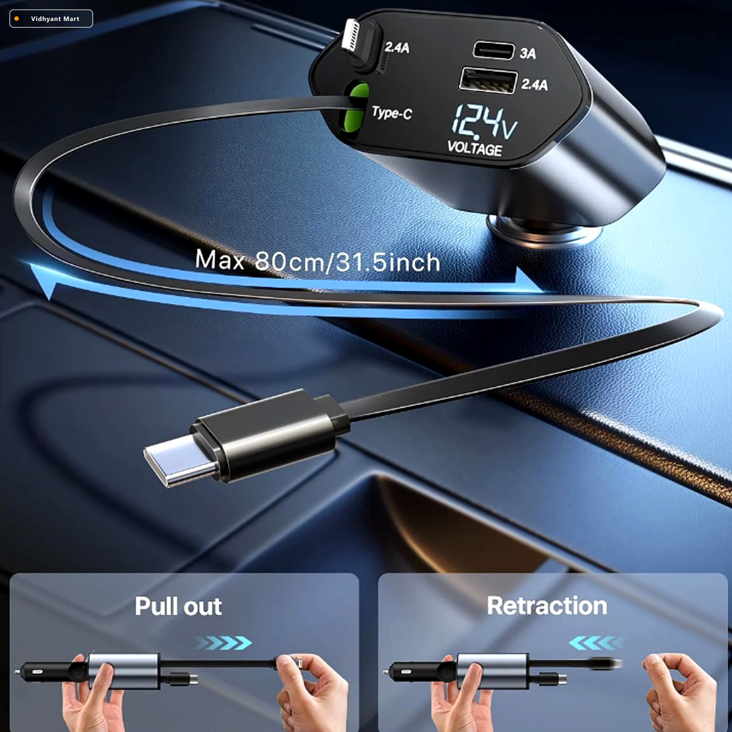 Vidhyant Mart 4 In 1 Car Charger Dual Cables 120w Super Fast Pow 2