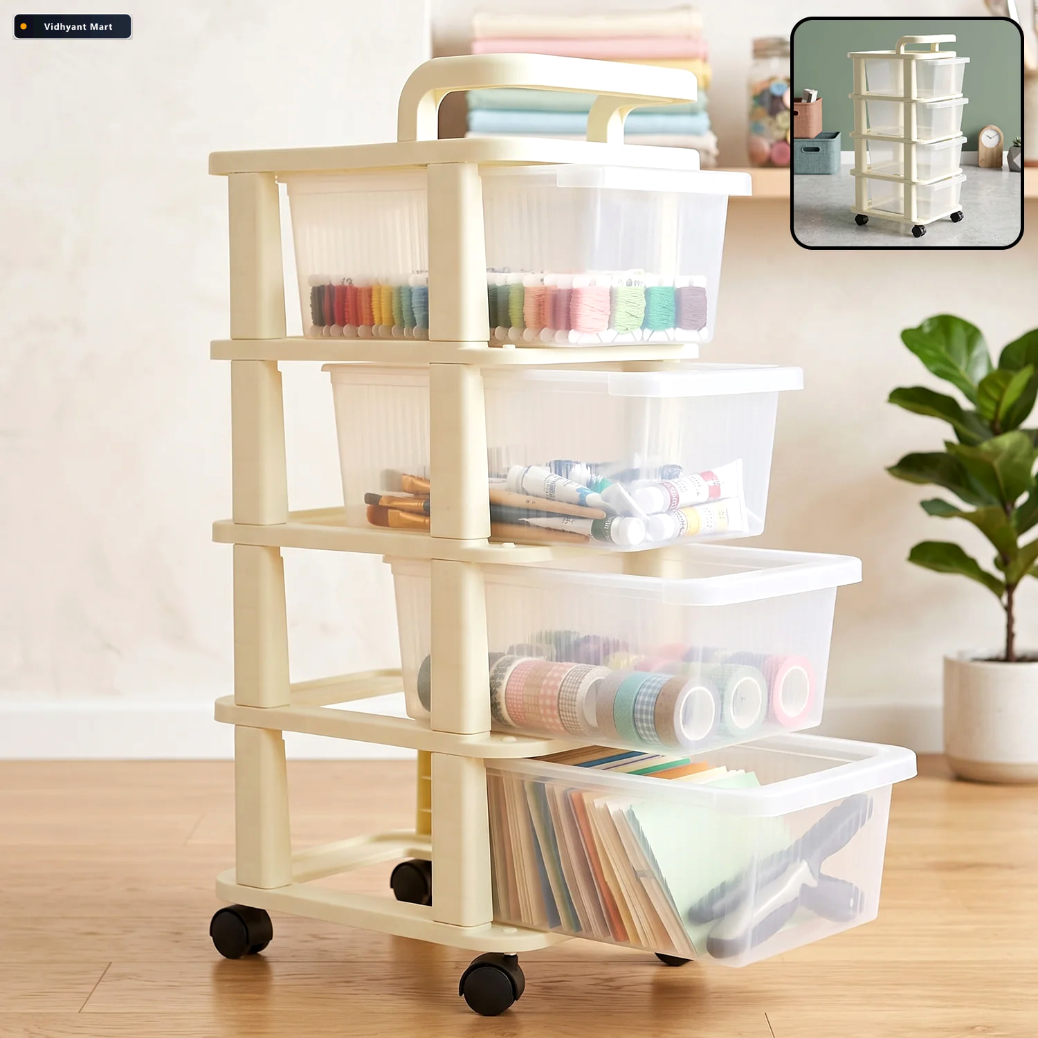 Vidhyant Mart 4 Tier Plastic Storage Trolley With Wheels Rolling 1