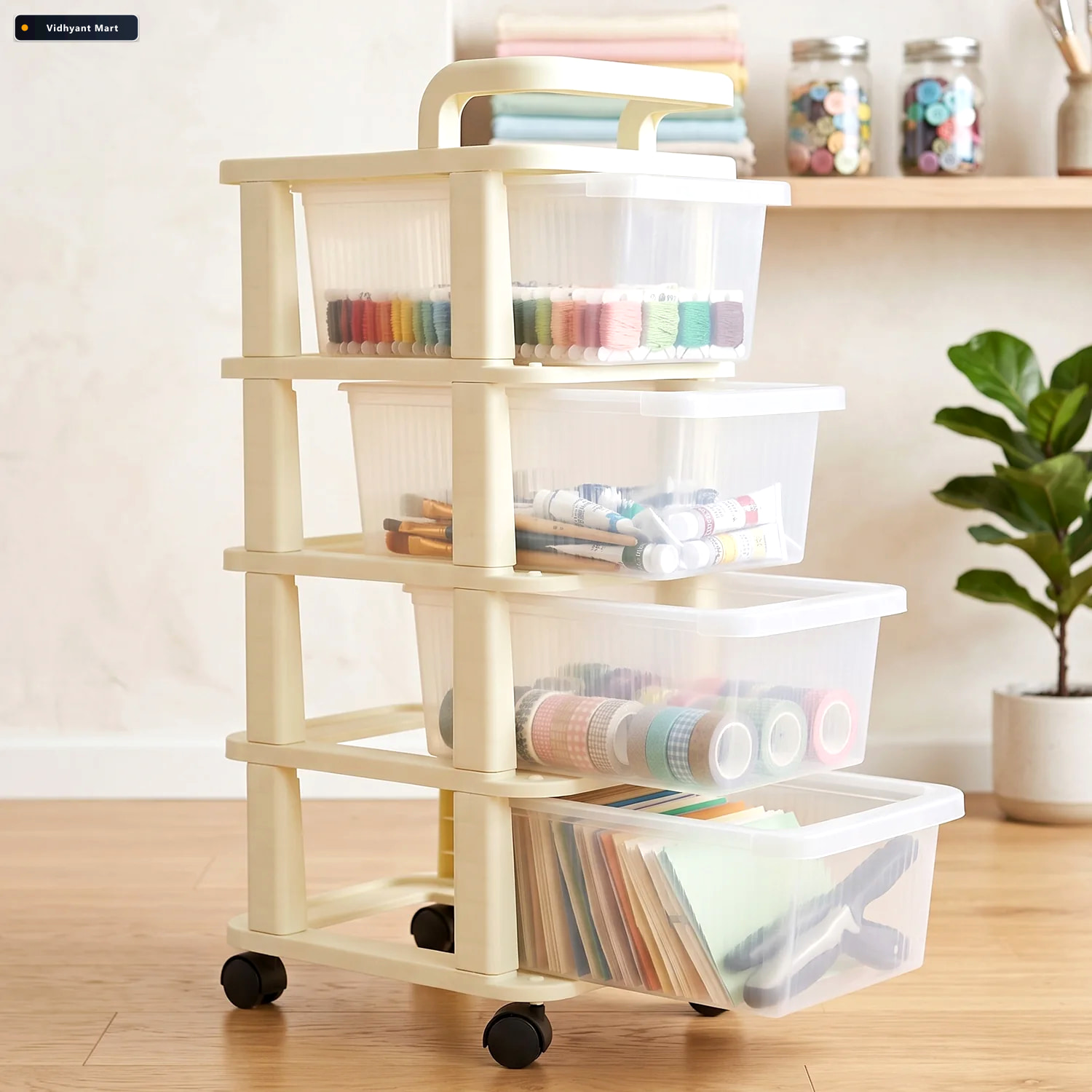 Vidhyant Mart 4 Tier Plastic Storage Trolley With Wheels Rolling 2