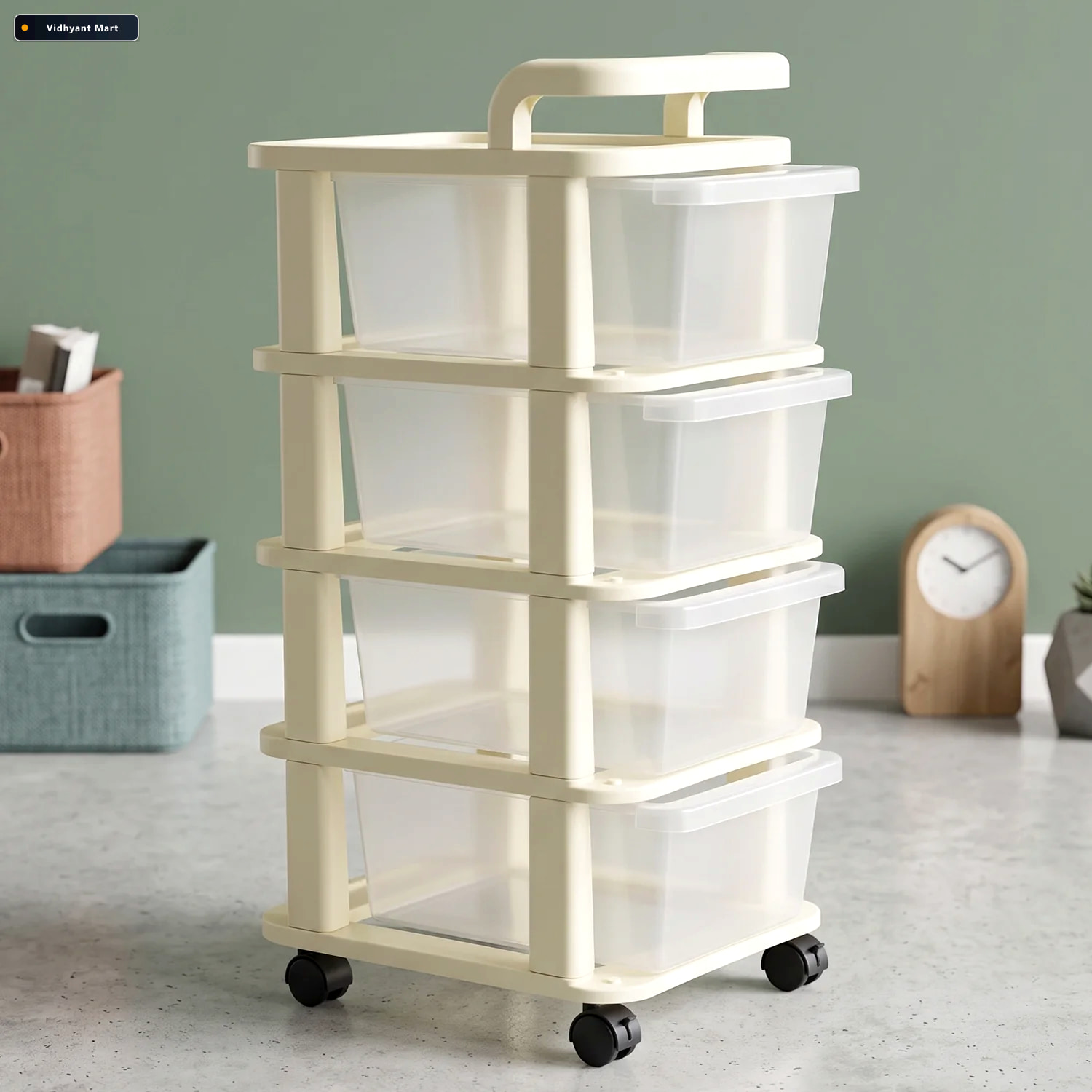 Vidhyant Mart 4 Tier Plastic Storage Trolley With Wheels Rolling 3
