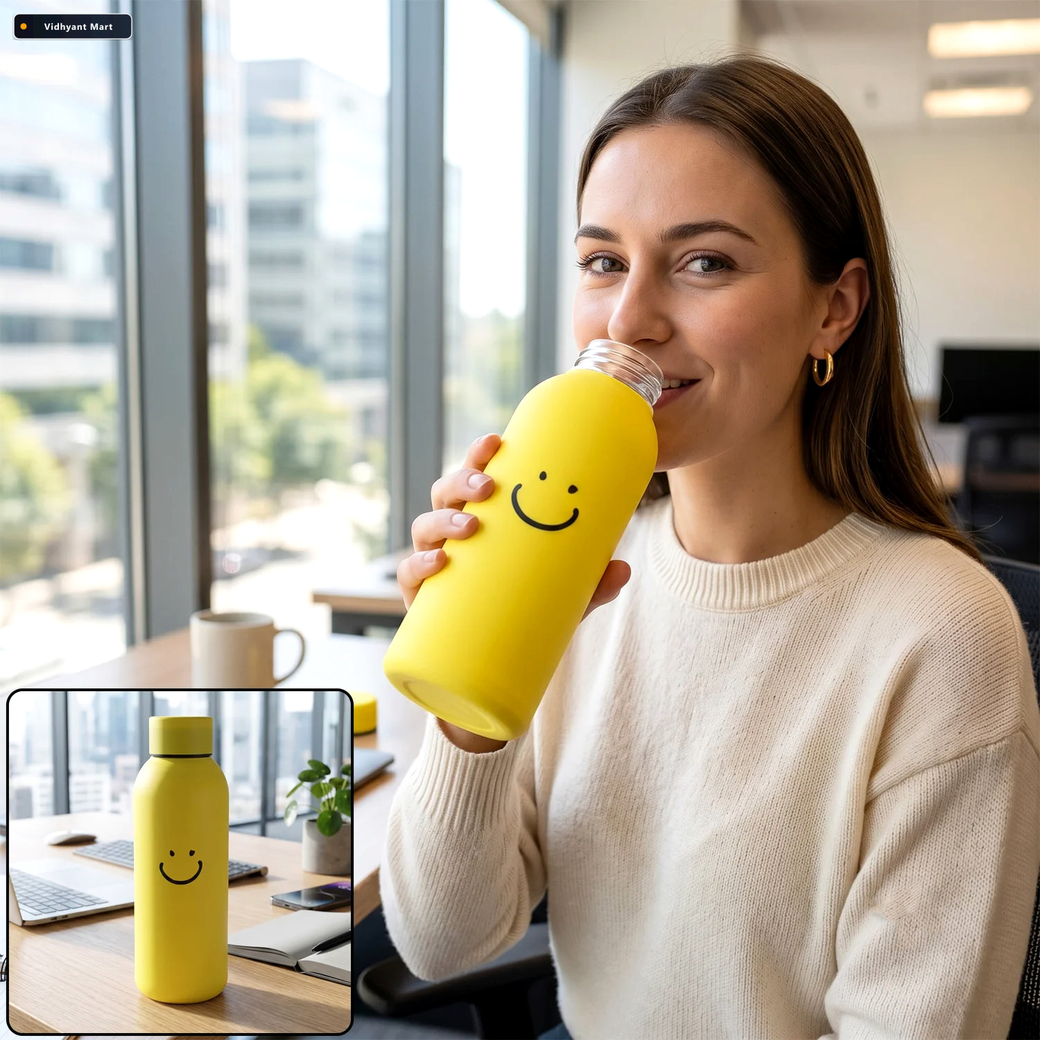 Vidhyant Mart 400 Ml Smiley Face Glass Water Bottle With Silicon 1