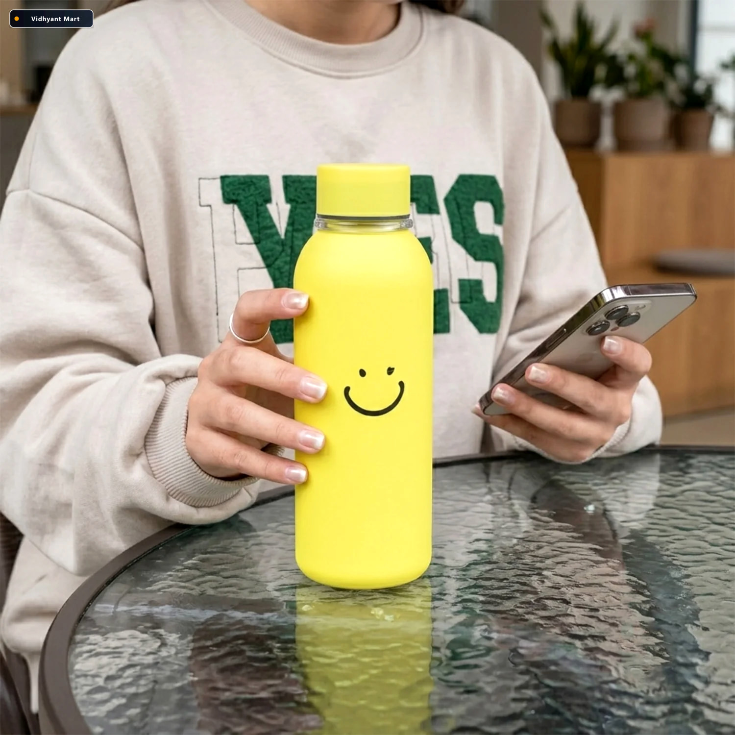 Vidhyant Mart 400 Ml Smiley Face Glass Water Bottle With Silicon 2