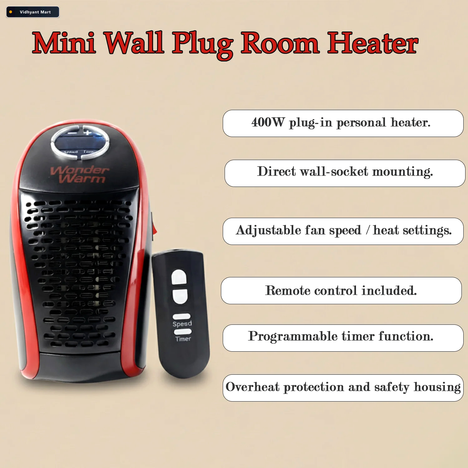 Vidhyant Mart 400w Wall Plug Room Heater Compact Heating With Re 3