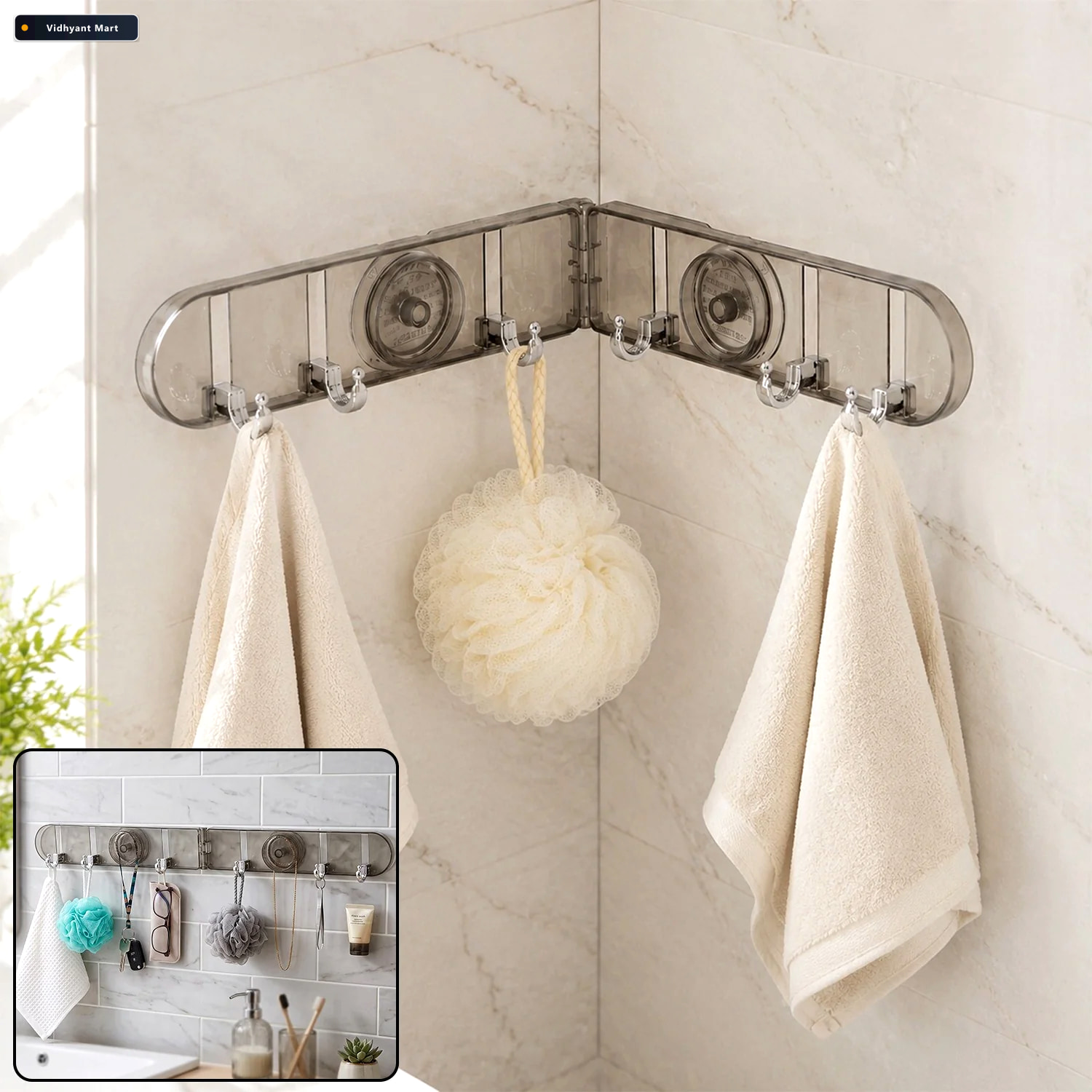 Vidhyant Mart 6 Hook Foldable Wall Rack With Suction Cup Mount F 1