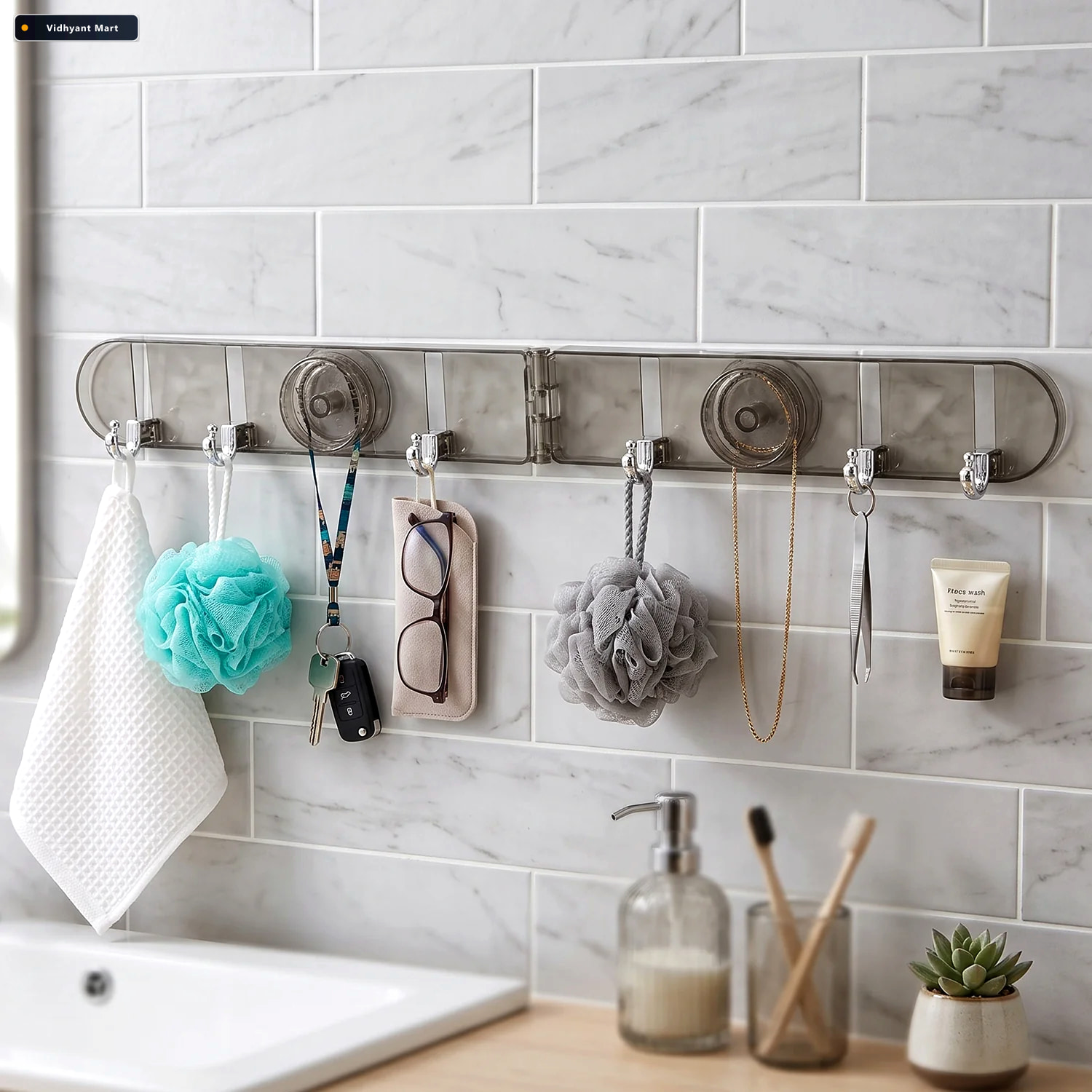 Vidhyant Mart 6 Hook Foldable Wall Rack With Suction Cup Mount F 2