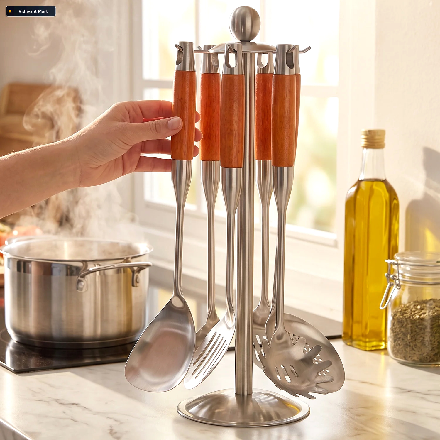 Vidhyant Mart 7 In 1 Stainless Steel Kitchen Tool Set With Woode 2
