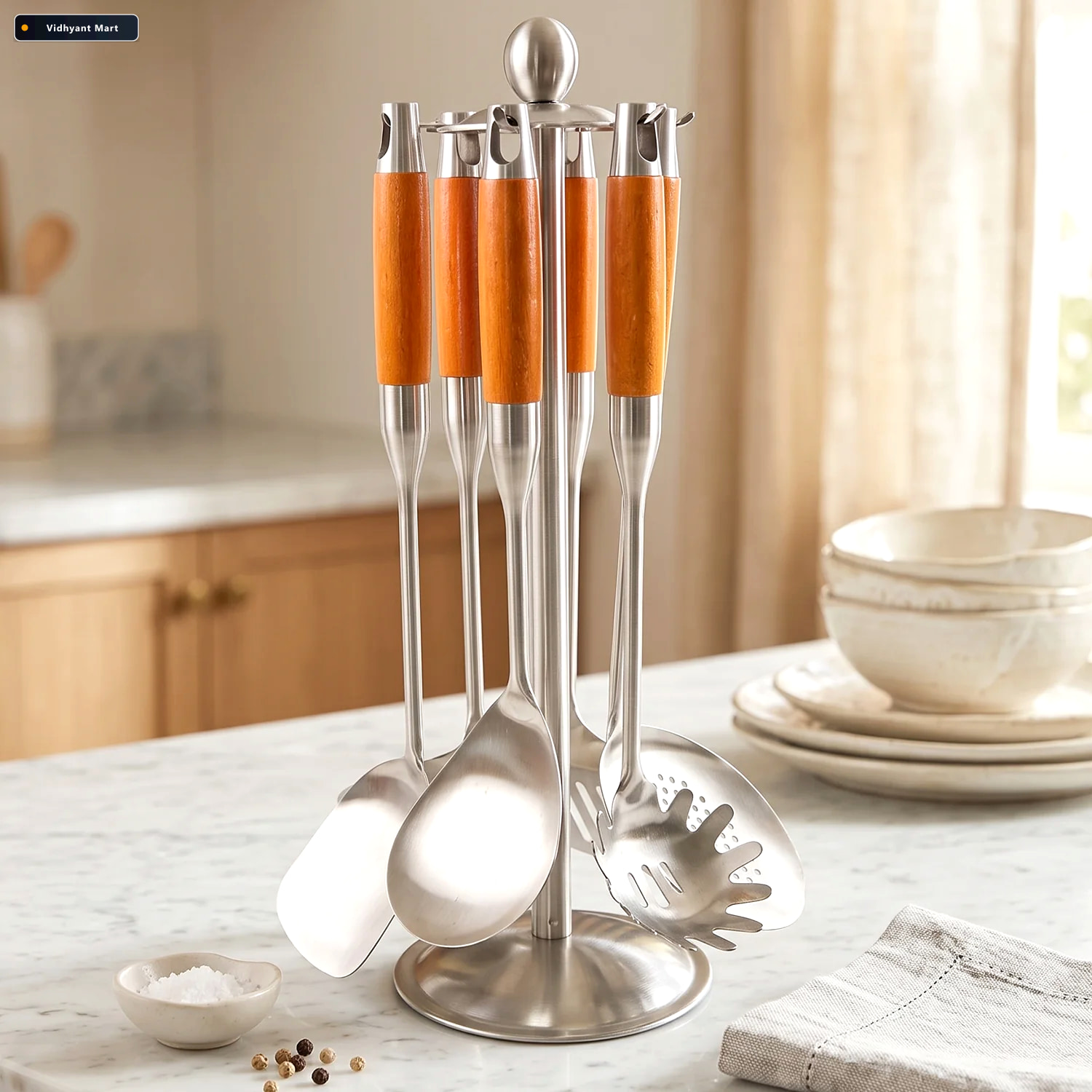 Vidhyant Mart 7 In 1 Stainless Steel Kitchen Tool Set With Woode 3
