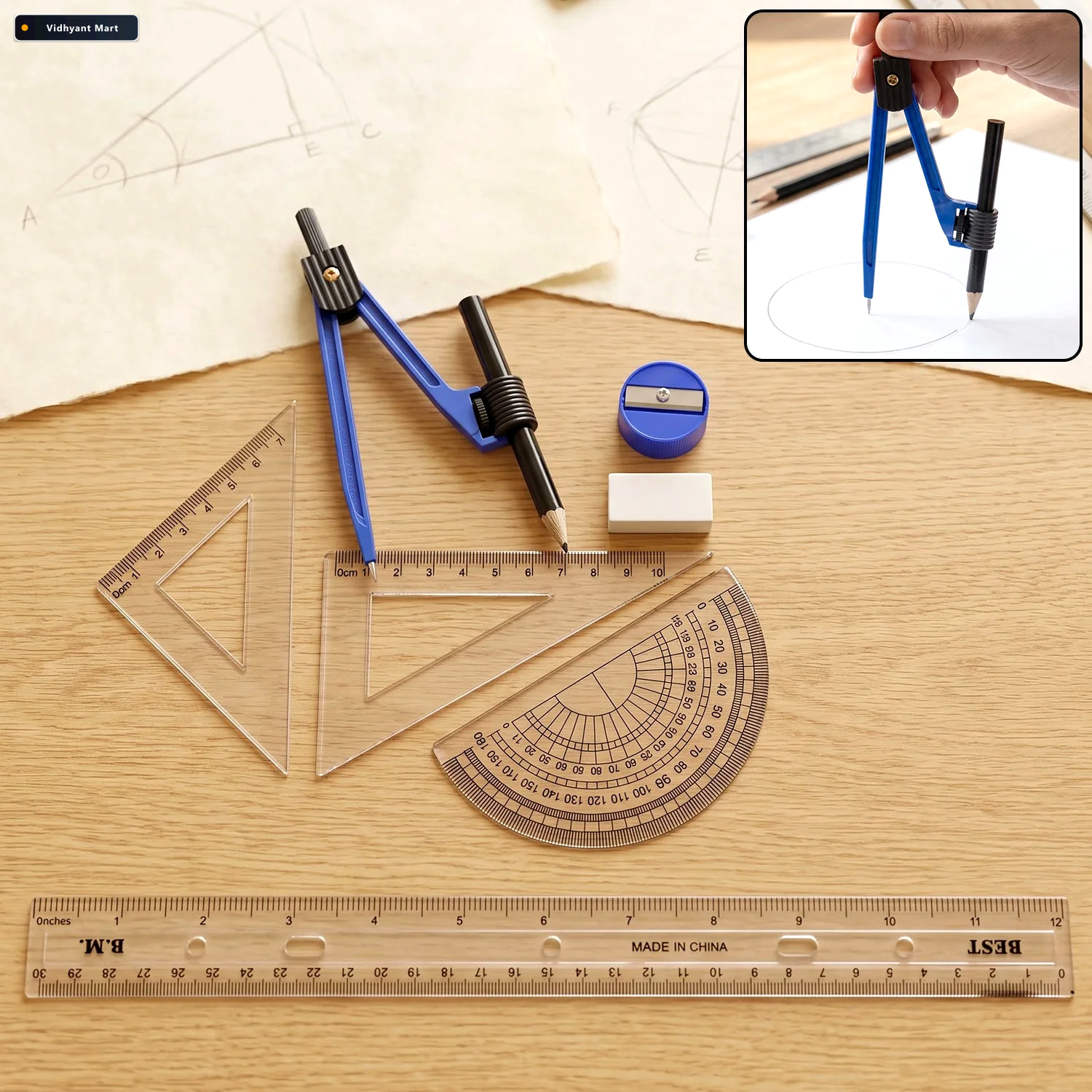 Vidhyant Mart 8 In 1 Geometry Stationery Set With Compass Rulers 1