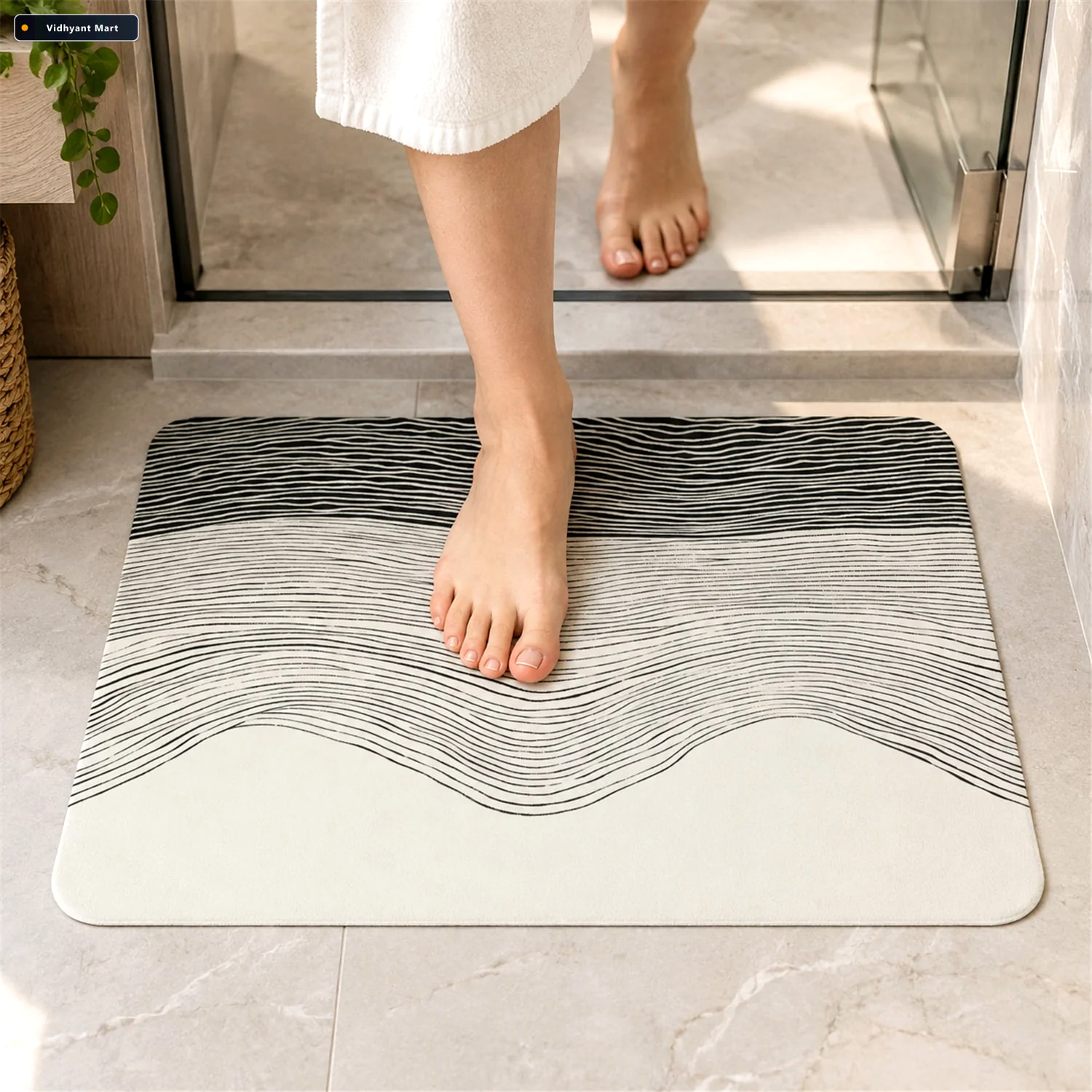 Vidhyant Mart Absorbent Bathroom Mat Abstract Wave Line Print Qu 1