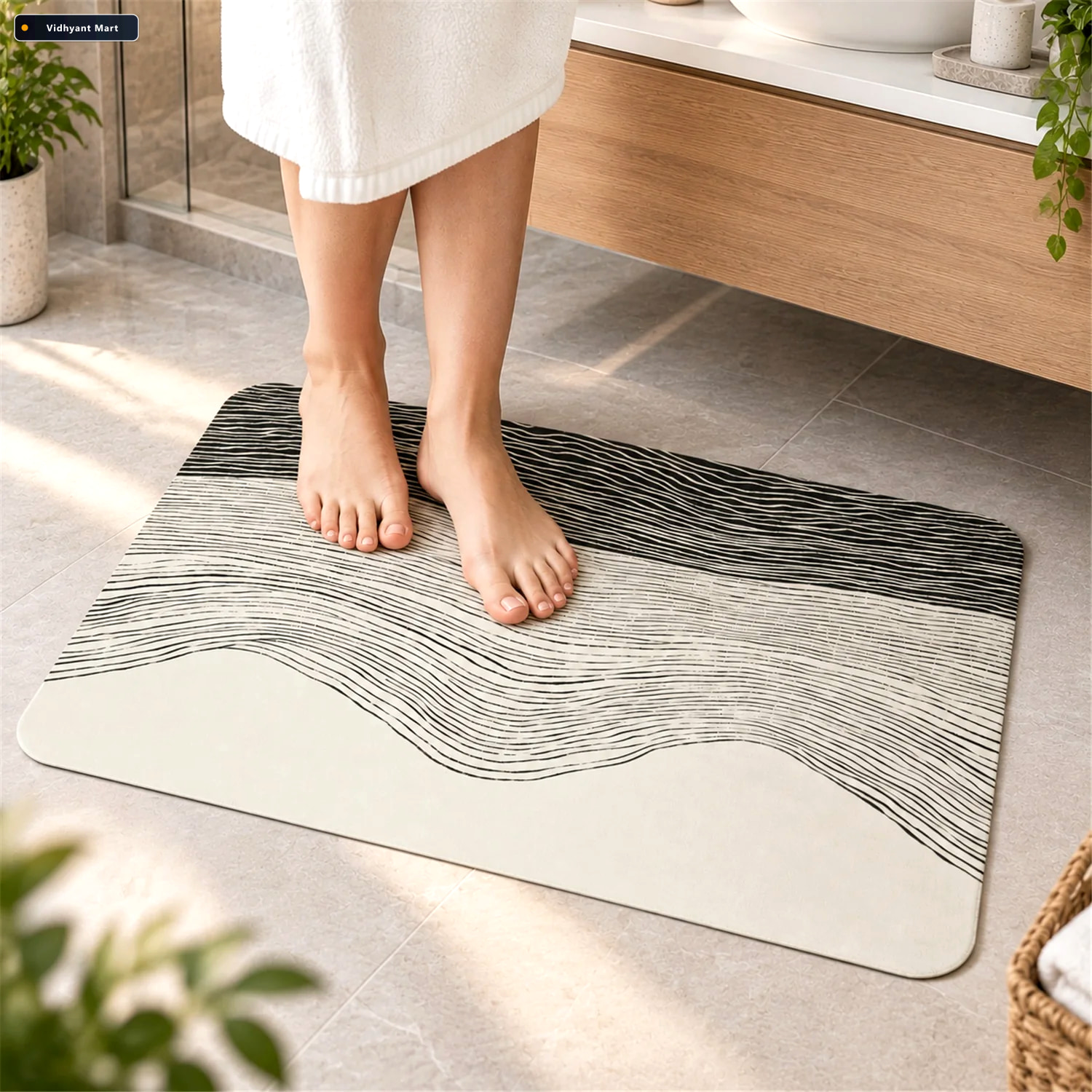 Vidhyant Mart Absorbent Bathroom Mat Abstract Wave Line Print Qu 3