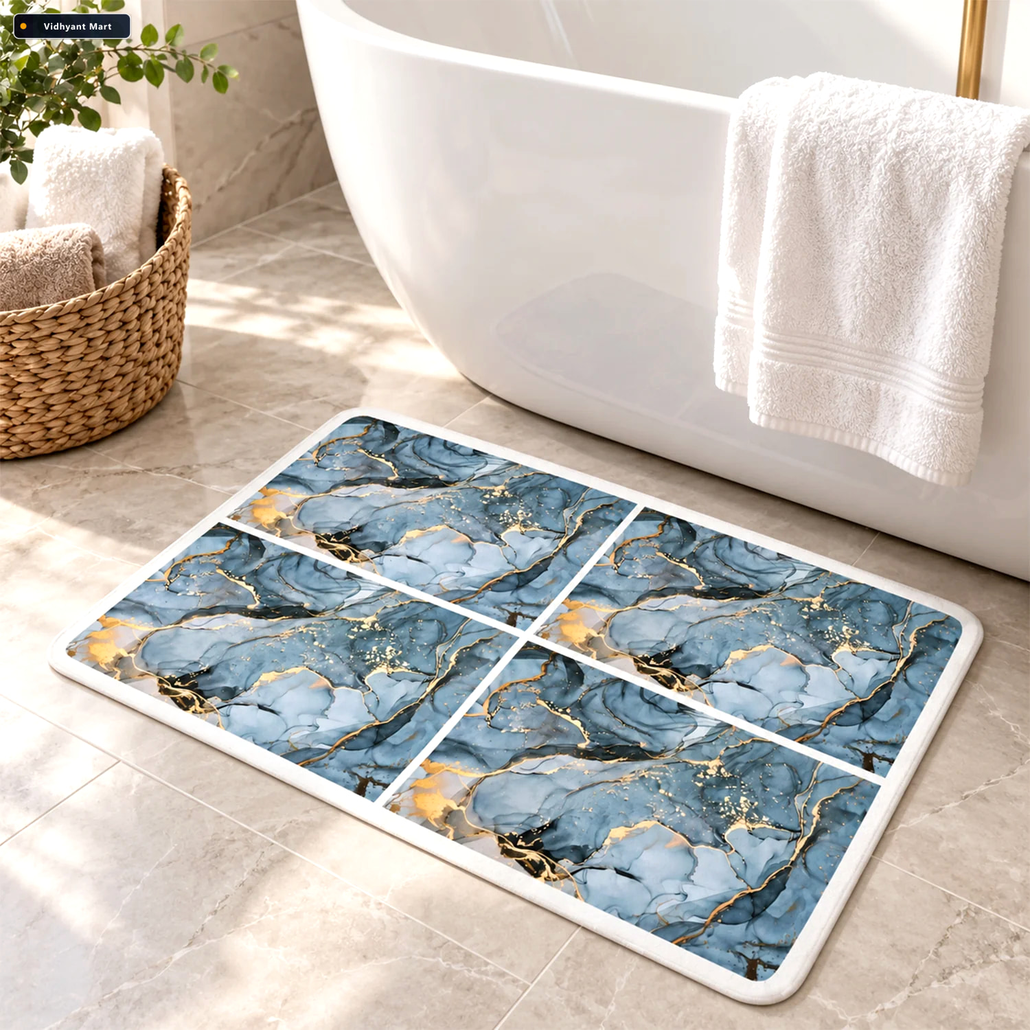 Vidhyant Mart Absorbent Bathroom Mat Blue Marble Print Quick Dry 2
