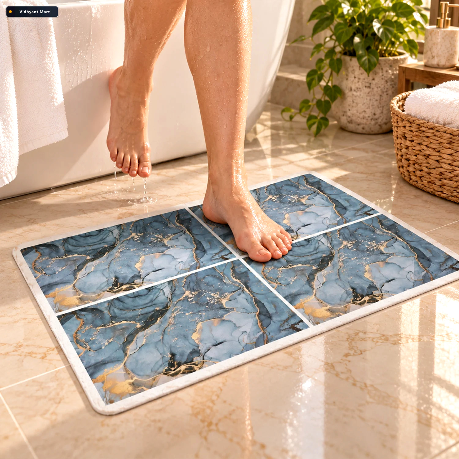 Vidhyant Mart Absorbent Bathroom Mat Blue Marble Print Quick Dry 3