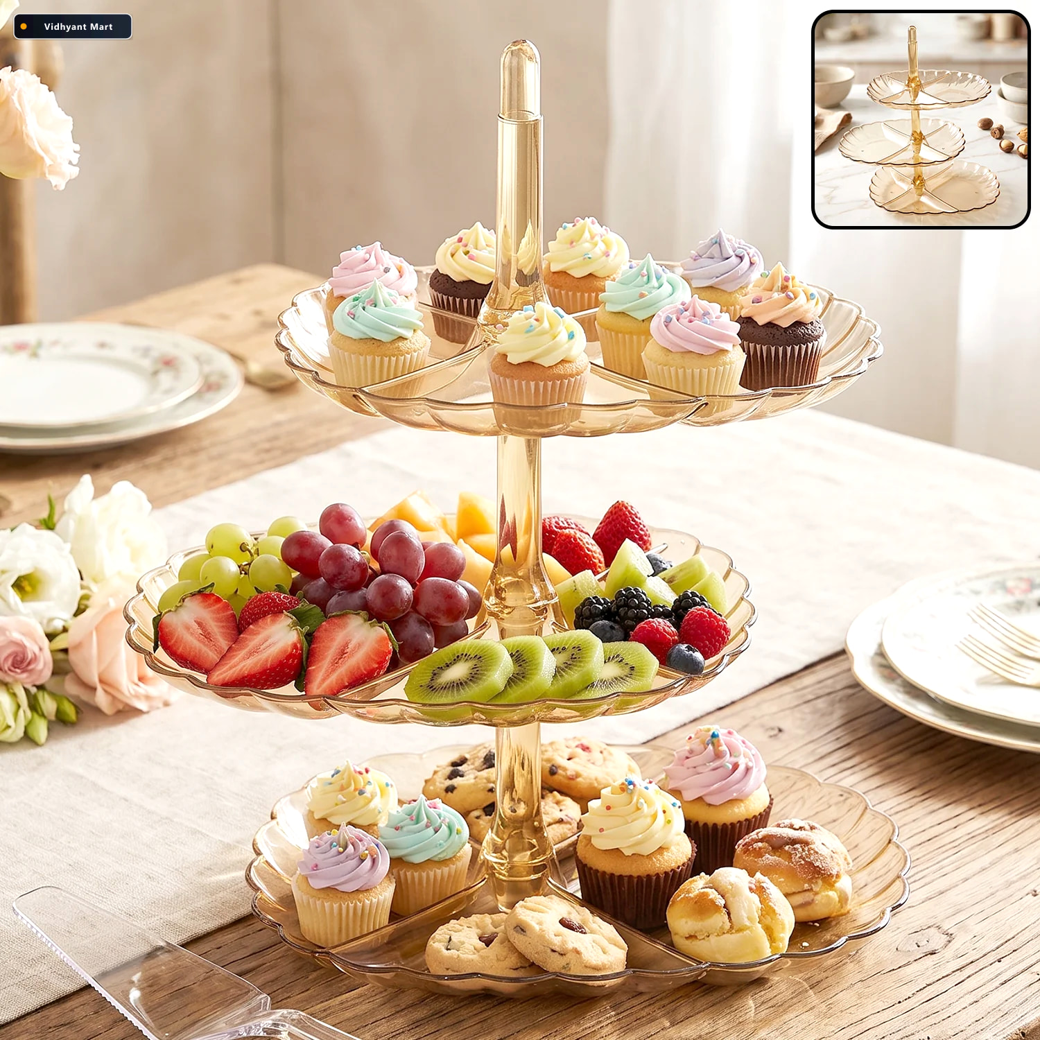 Vidhyant Mart Acrylic 3 Tier Snack And Dessert Serving Stand For 1