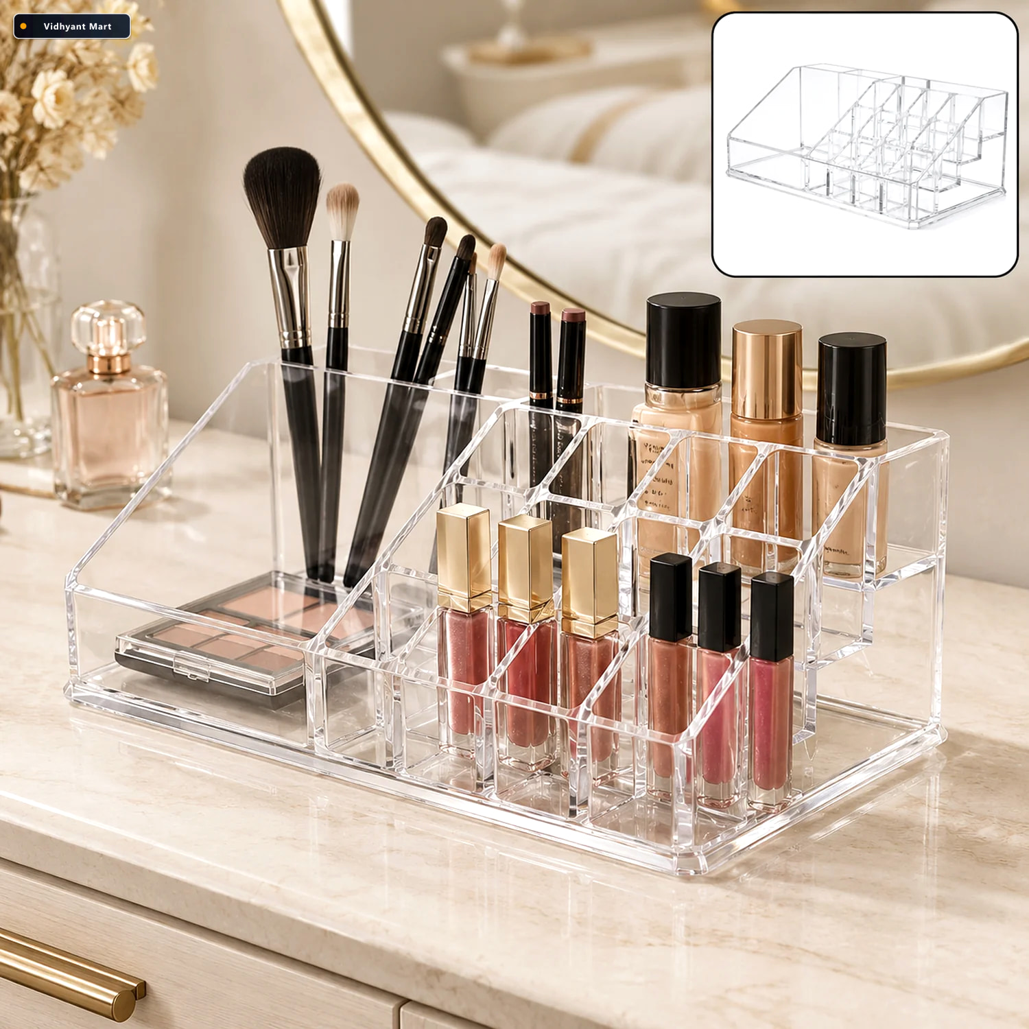 Vidhyant Mart Acrylic Makeup Organizer 16 Clear Compartments For 1