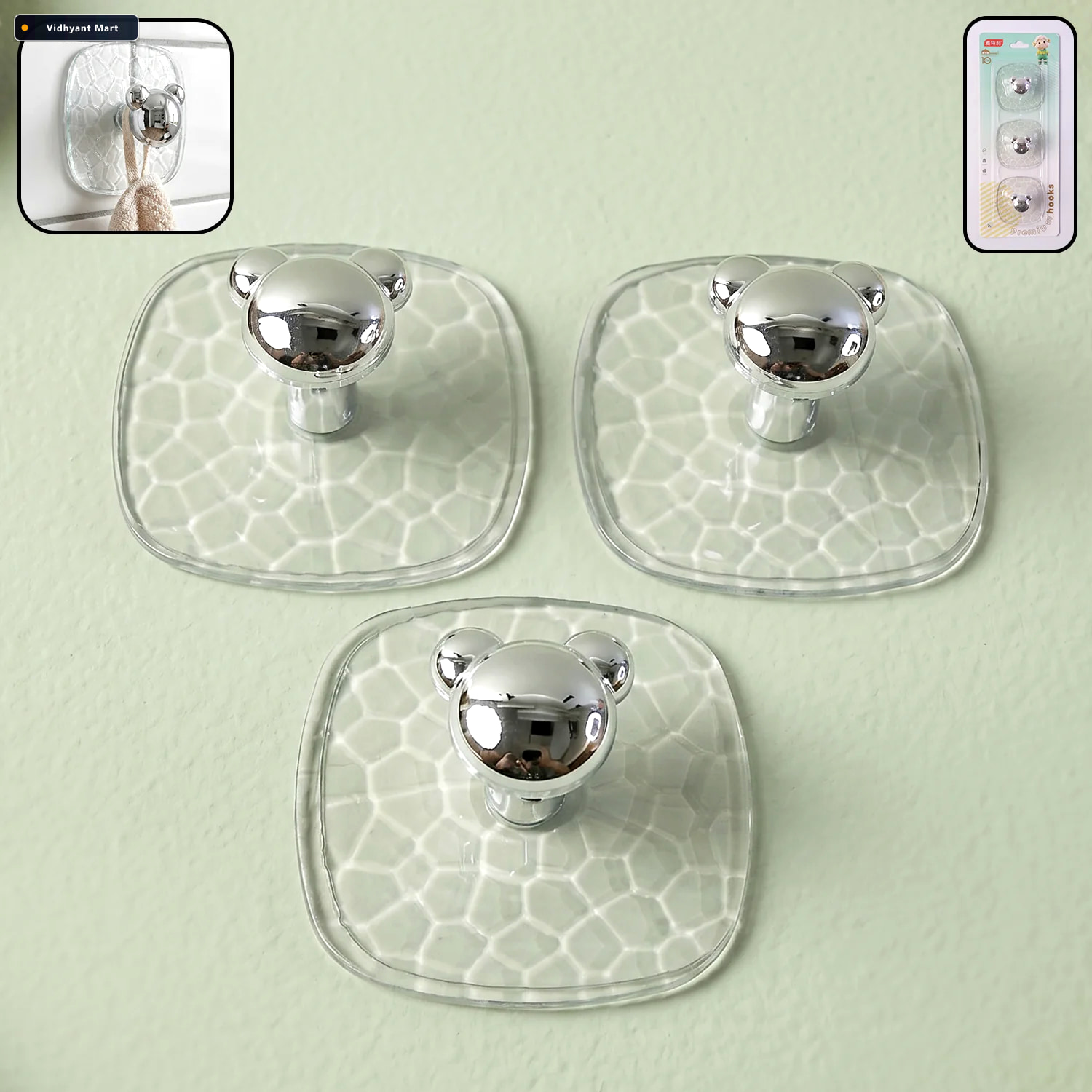 Vidhyant Mart Adhesive Wall Hooks Strong Clear Hold No Damage 3 1
